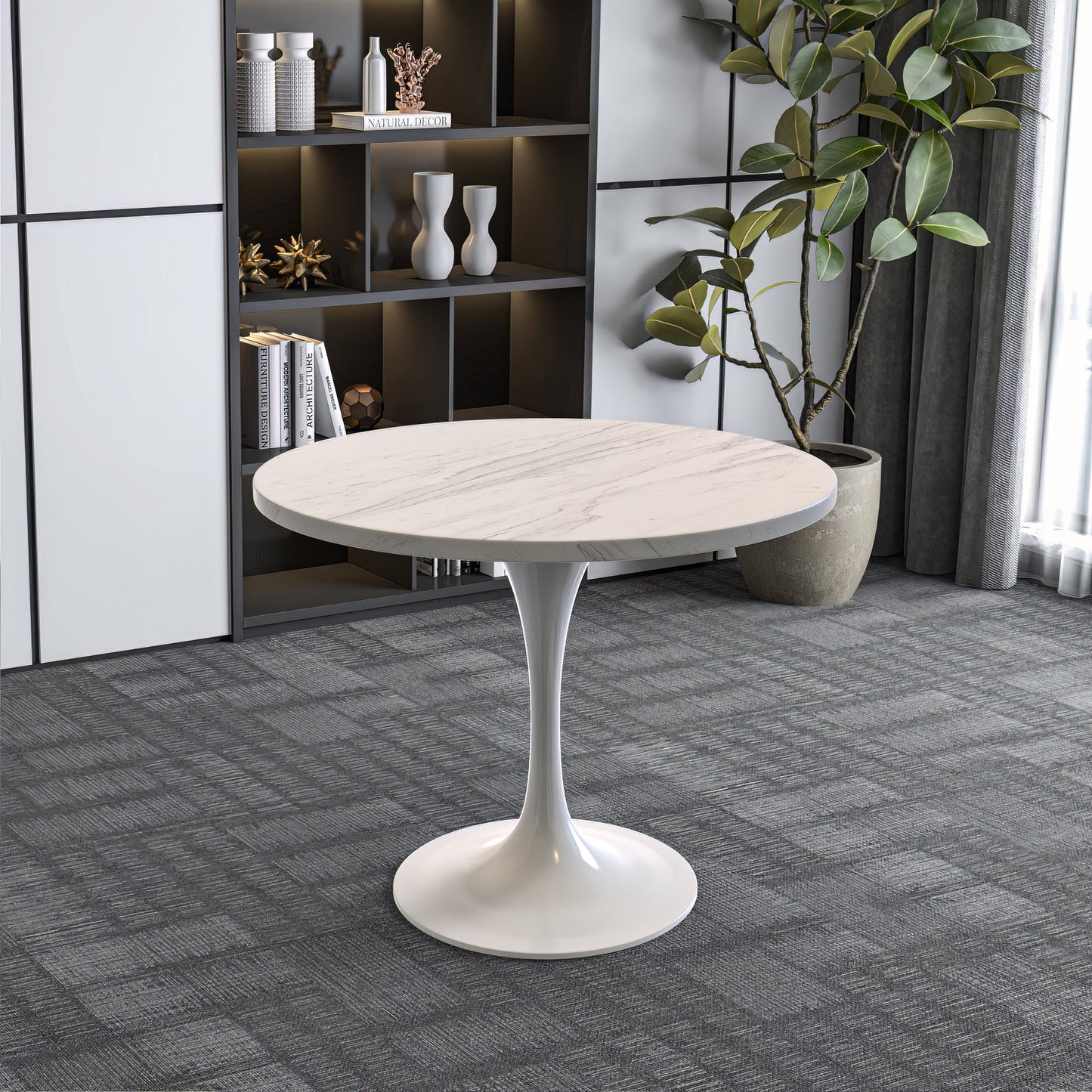 Verve Round Dining Table with MDF/Sintered Stone/Resin Tabletop in White Stainless Steel Pedestal Base