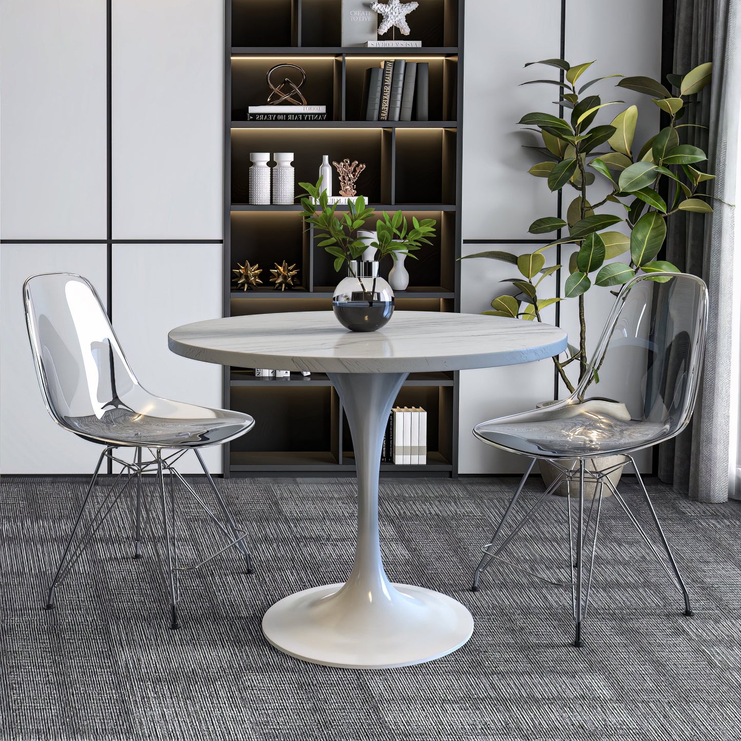 Verve Round Dining Table with MDF/Sintered Stone/Resin Tabletop in White Stainless Steel Pedestal Base