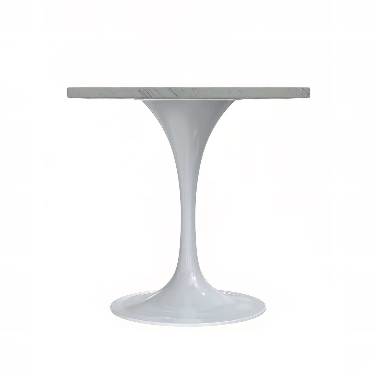 Verve Square Dining Table with a Laminated White Marbleized Tabletop and White Steel Pedestal Base