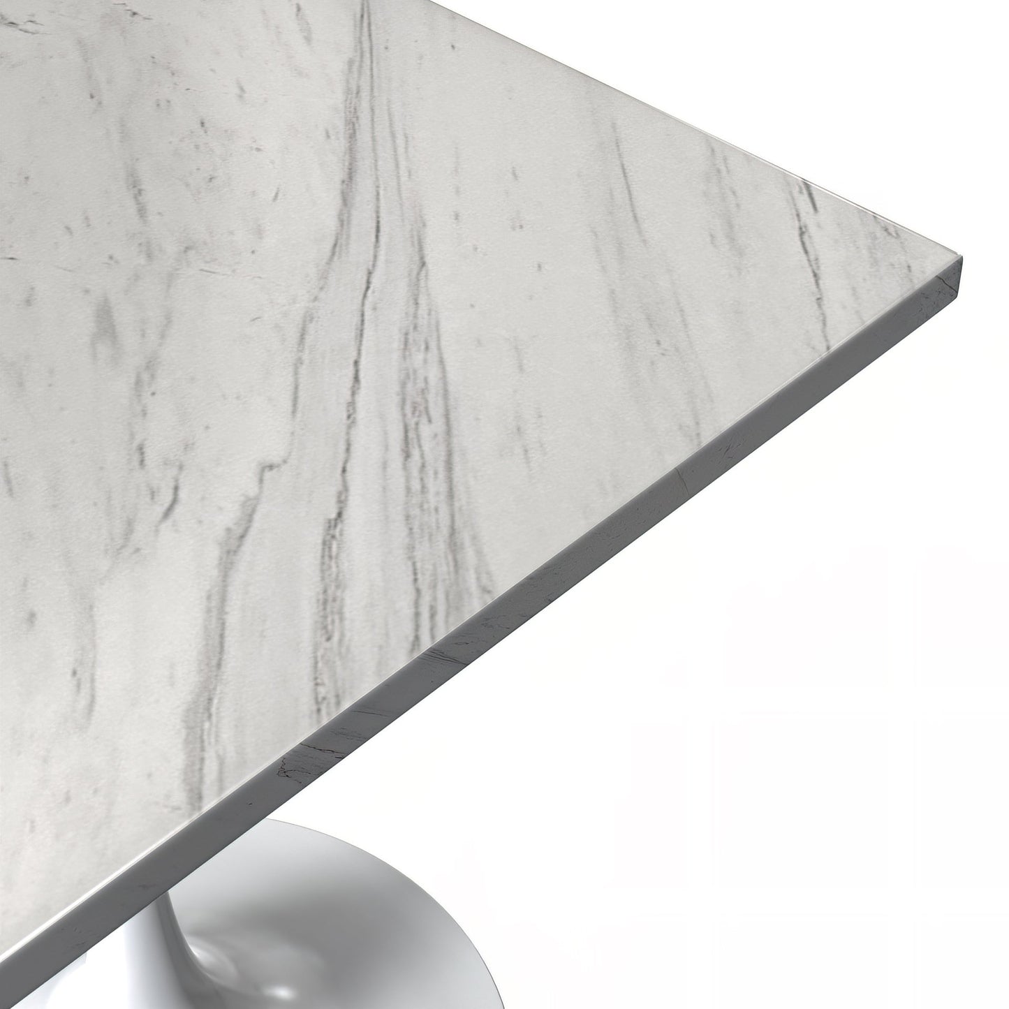 Verve Square Dining Table with a Laminated White Marbleized Tabletop and White Steel Pedestal Base