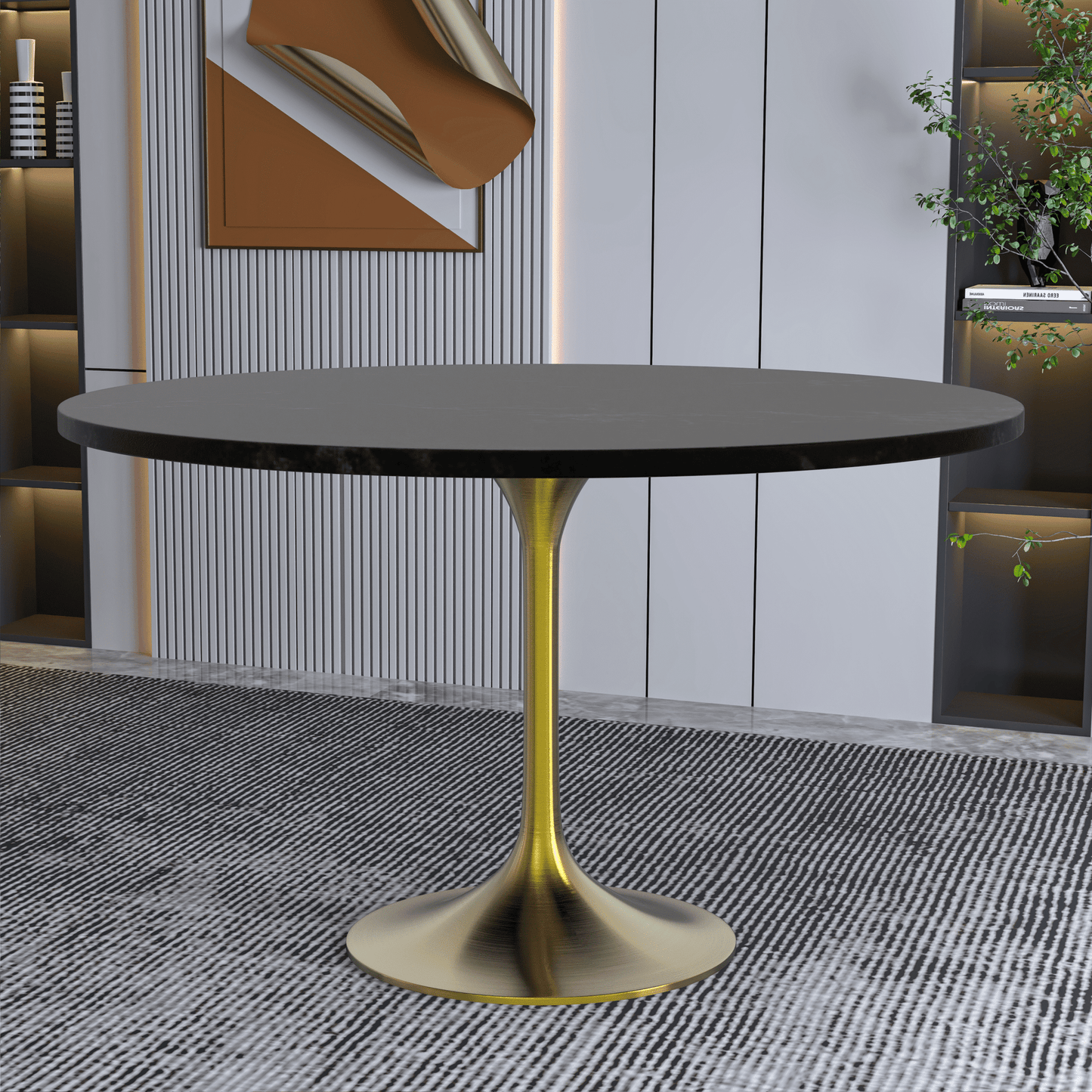 Verve Round Dining Table with MDF/Sintered Stone/Resin Tabletop in Gold Stainless Steel Pedestal Base