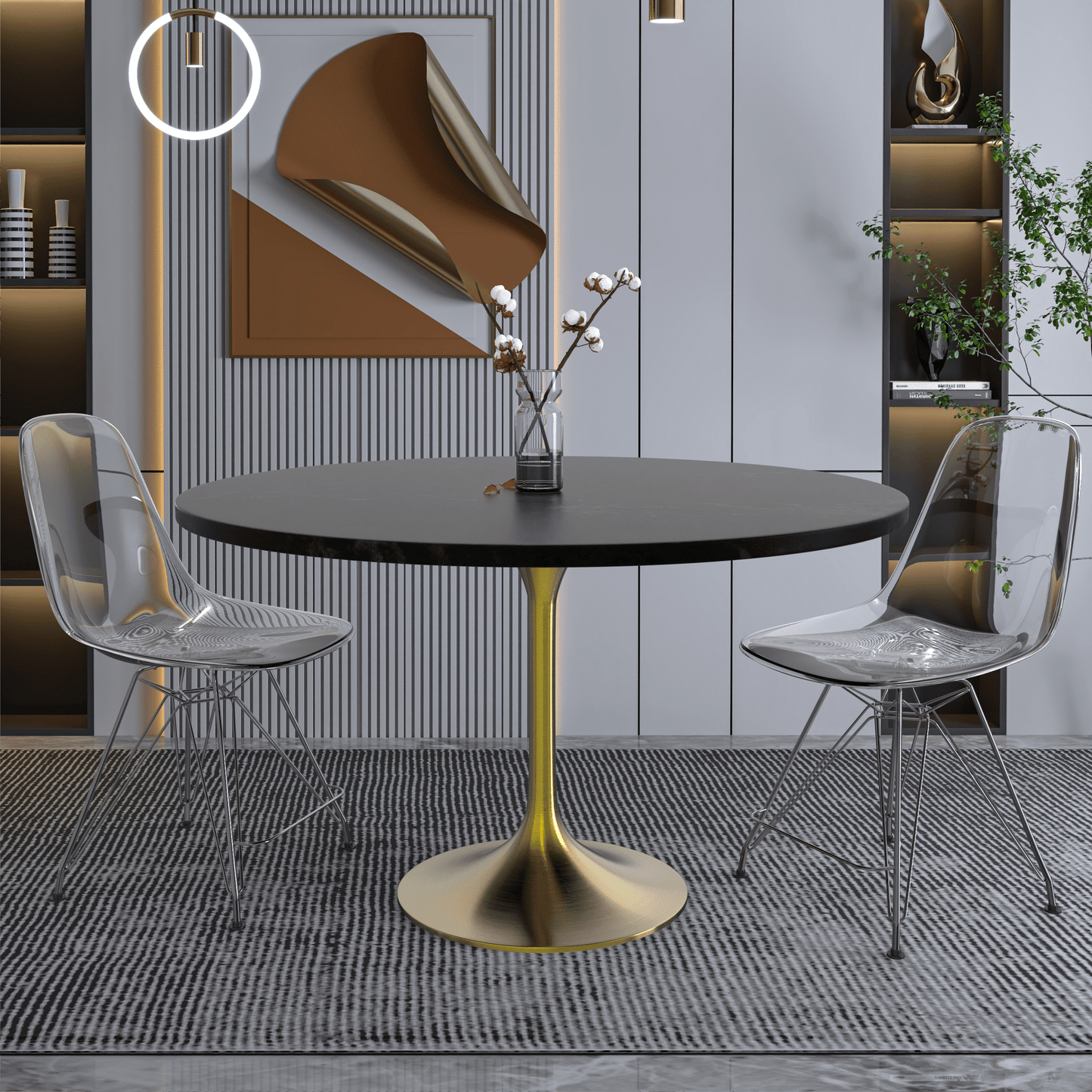Verve Round Dining Table with MDF/Sintered Stone/Resin Tabletop in Gold Stainless Steel Pedestal Base
