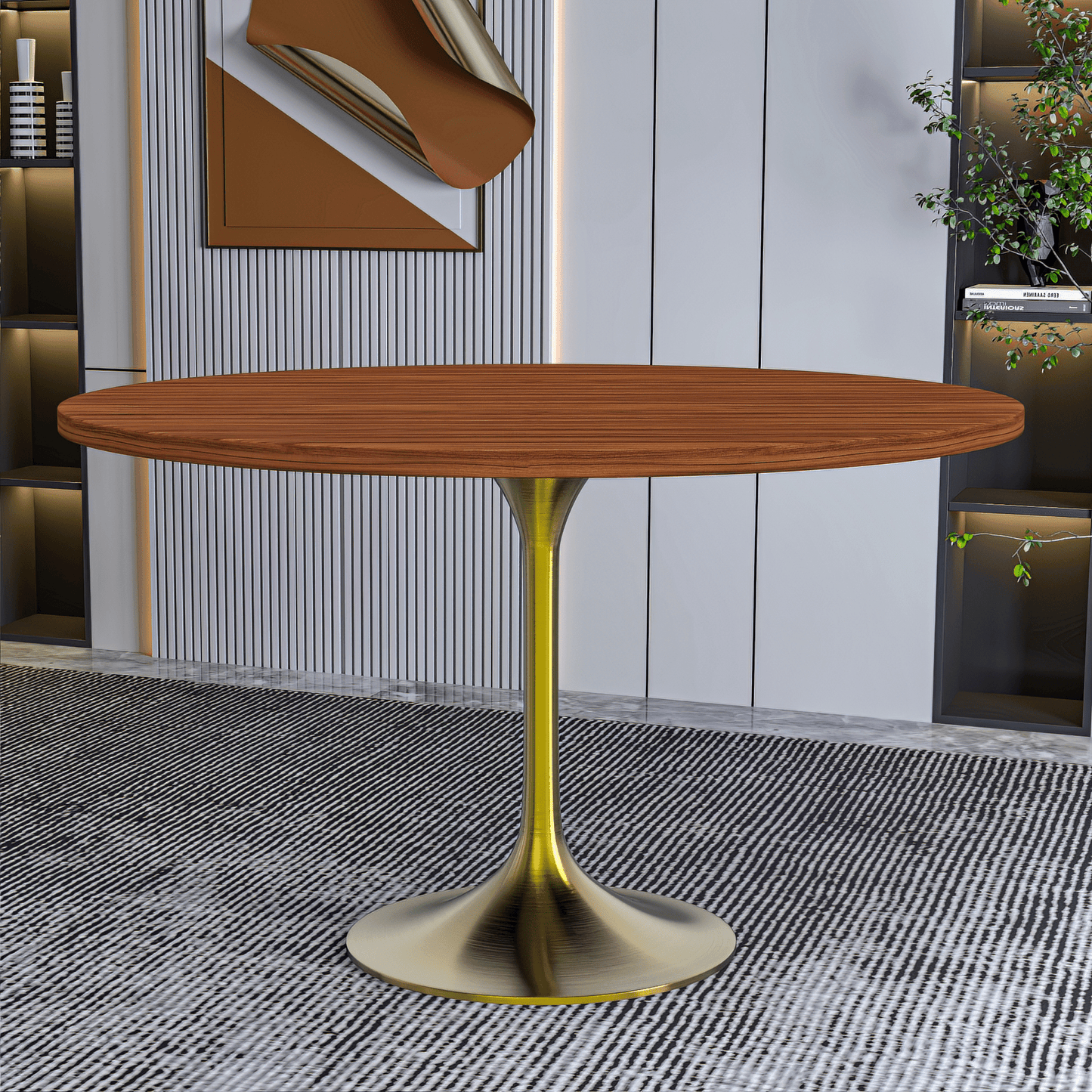 Verve Round Dining Table with MDF/Sintered Stone/Resin Tabletop in Gold Stainless Steel Pedestal Base