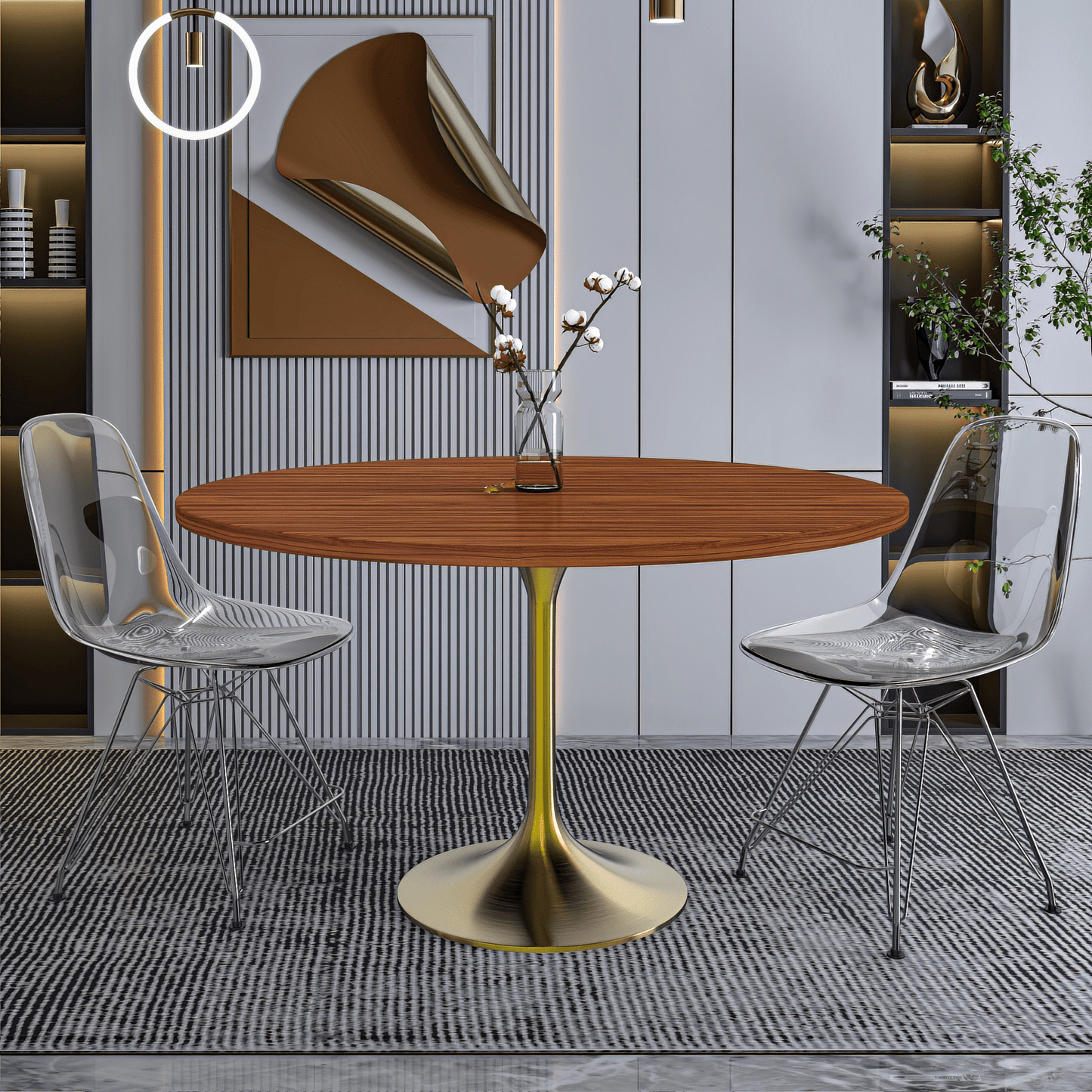 Verve Round Dining Table with MDF/Sintered Stone/Resin Tabletop in Gold Stainless Steel Pedestal Base