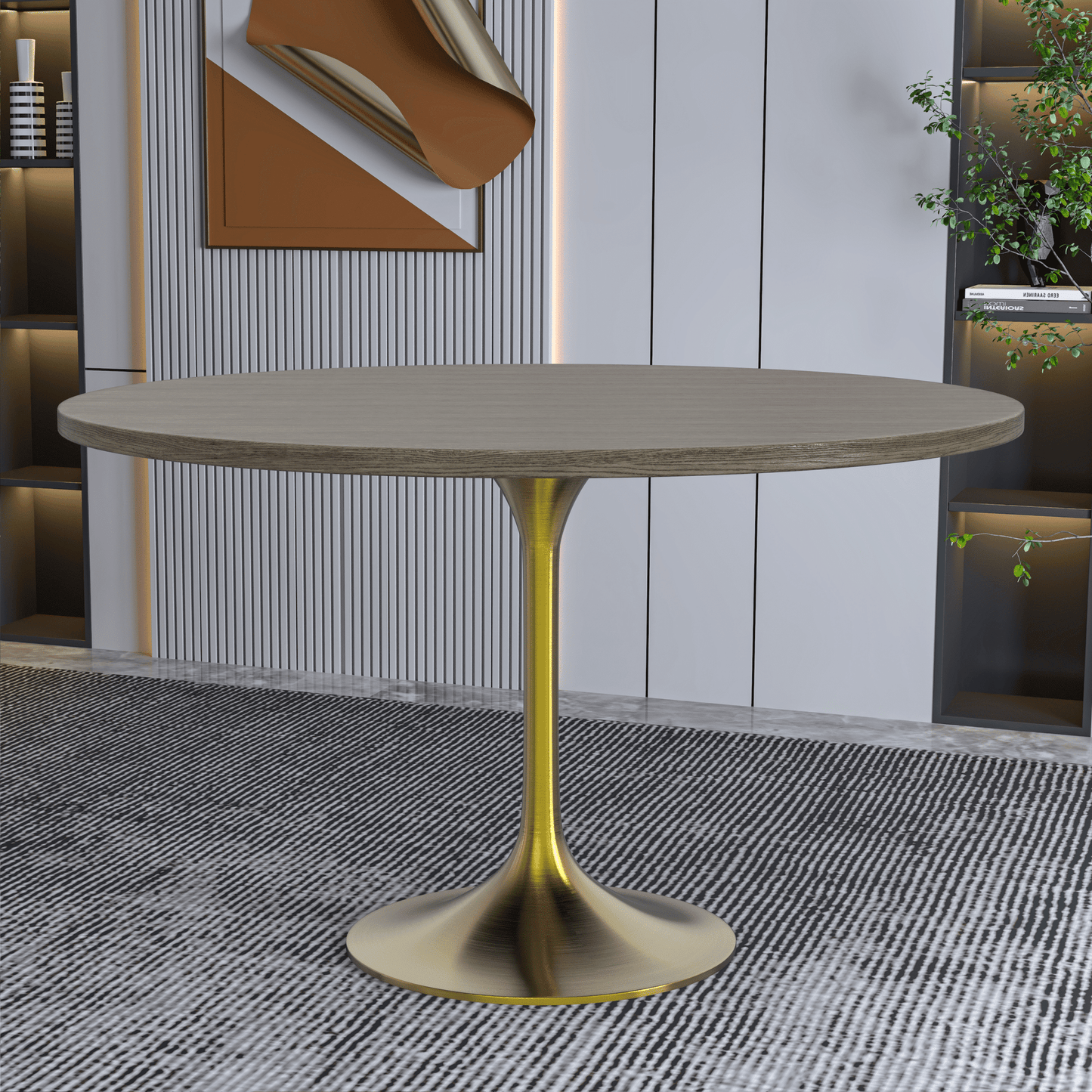 Verve Round Dining Table with MDF/Sintered Stone/Resin Tabletop in Gold Stainless Steel Pedestal Base