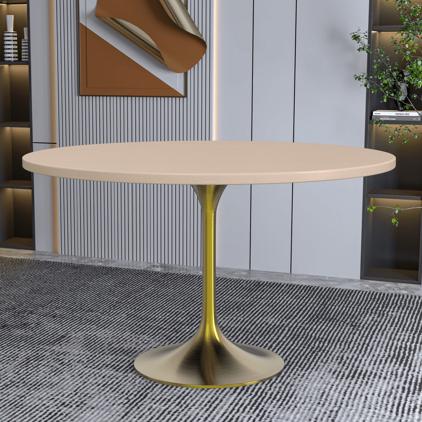 Verve Round Dining Table with MDF/Sintered Stone/Resin Tabletop in Gold Stainless Steel Pedestal Base