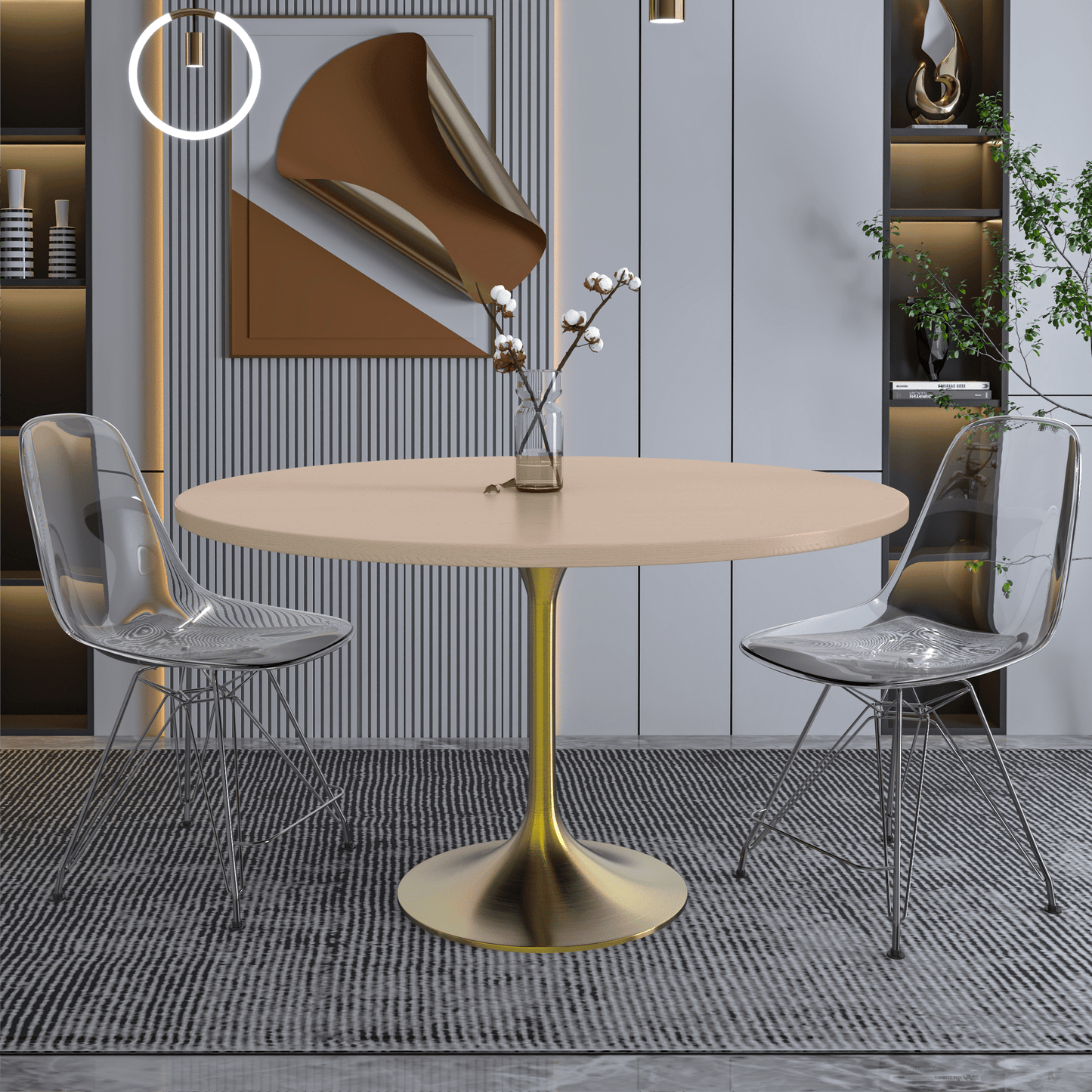 Verve Round Dining Table with MDF/Sintered Stone/Resin Tabletop in Gold Stainless Steel Pedestal Base