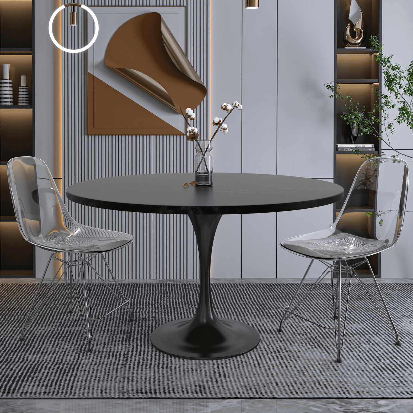 Verve Round Dining Table with MDF/Sintered Stone/Resin Tabletop in Black Stainless Steel Pedestal Base