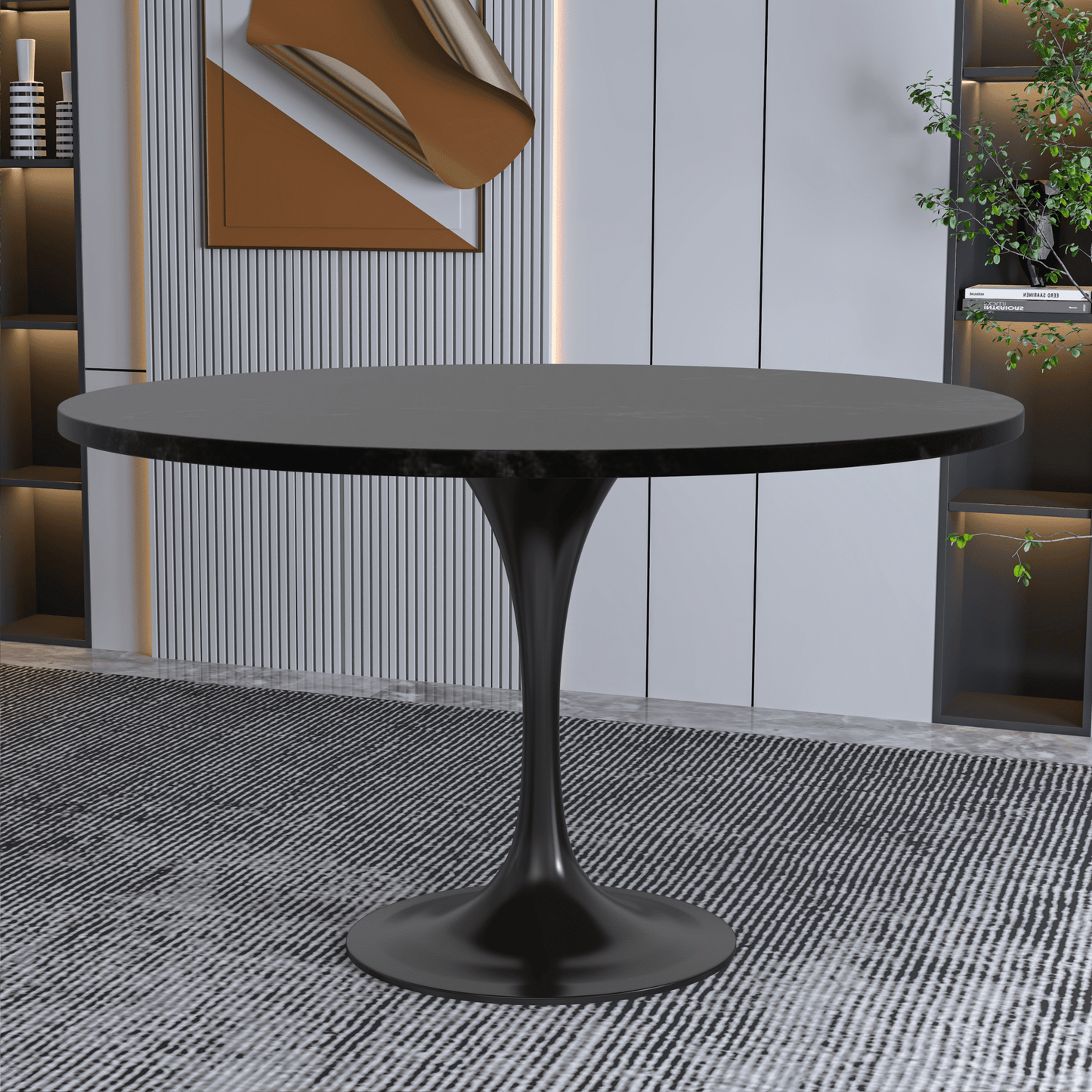 Verve Round Dining Table with MDF/Sintered Stone/Resin Tabletop in Black Stainless Steel Pedestal Base