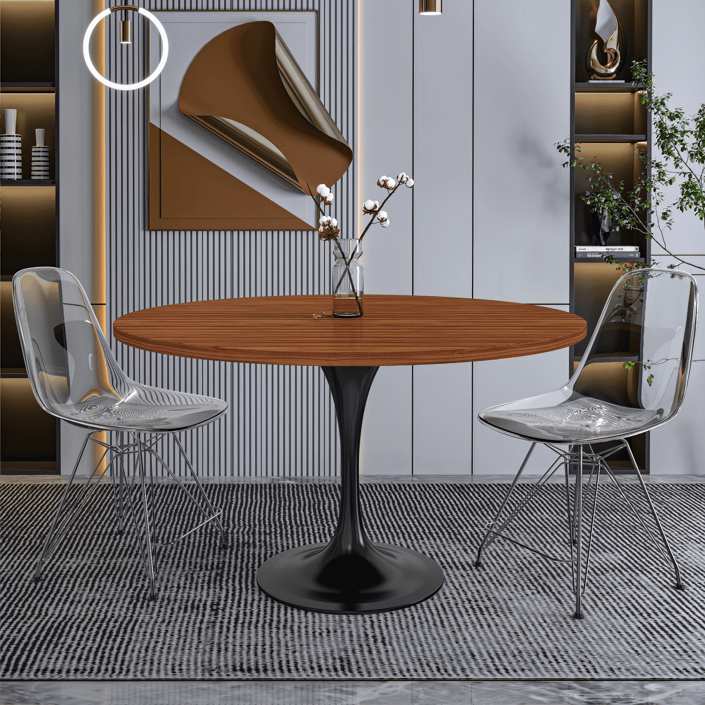 Verve Round Dining Table with MDF/Sintered Stone/Resin Tabletop in Black Stainless Steel Pedestal Base