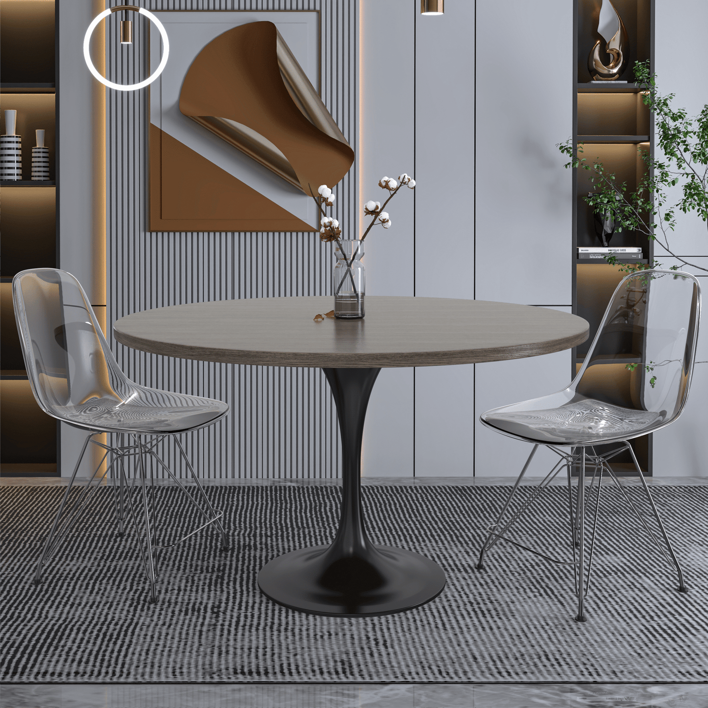 Verve Round Dining Table with MDF/Sintered Stone/Resin Tabletop in Black Stainless Steel Pedestal Base