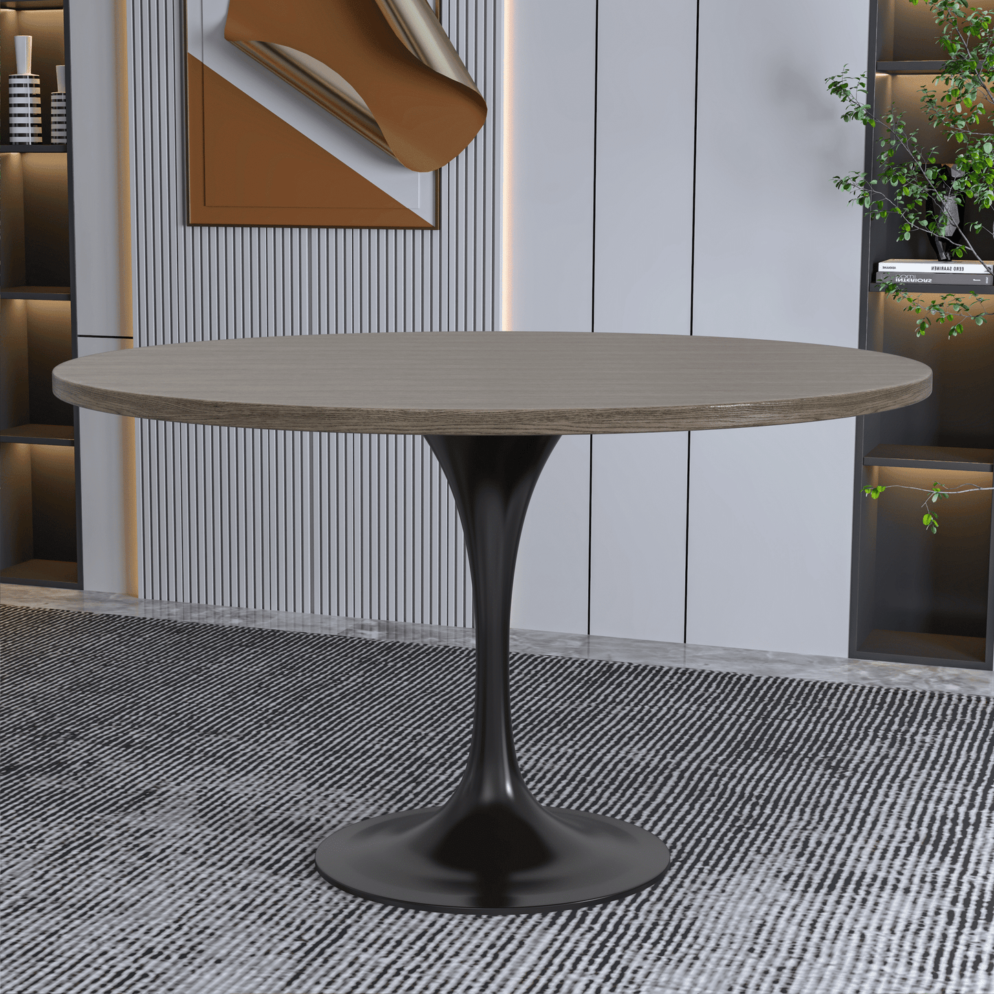 Verve Round Dining Table with MDF/Sintered Stone/Resin Tabletop in Black Stainless Steel Pedestal Base