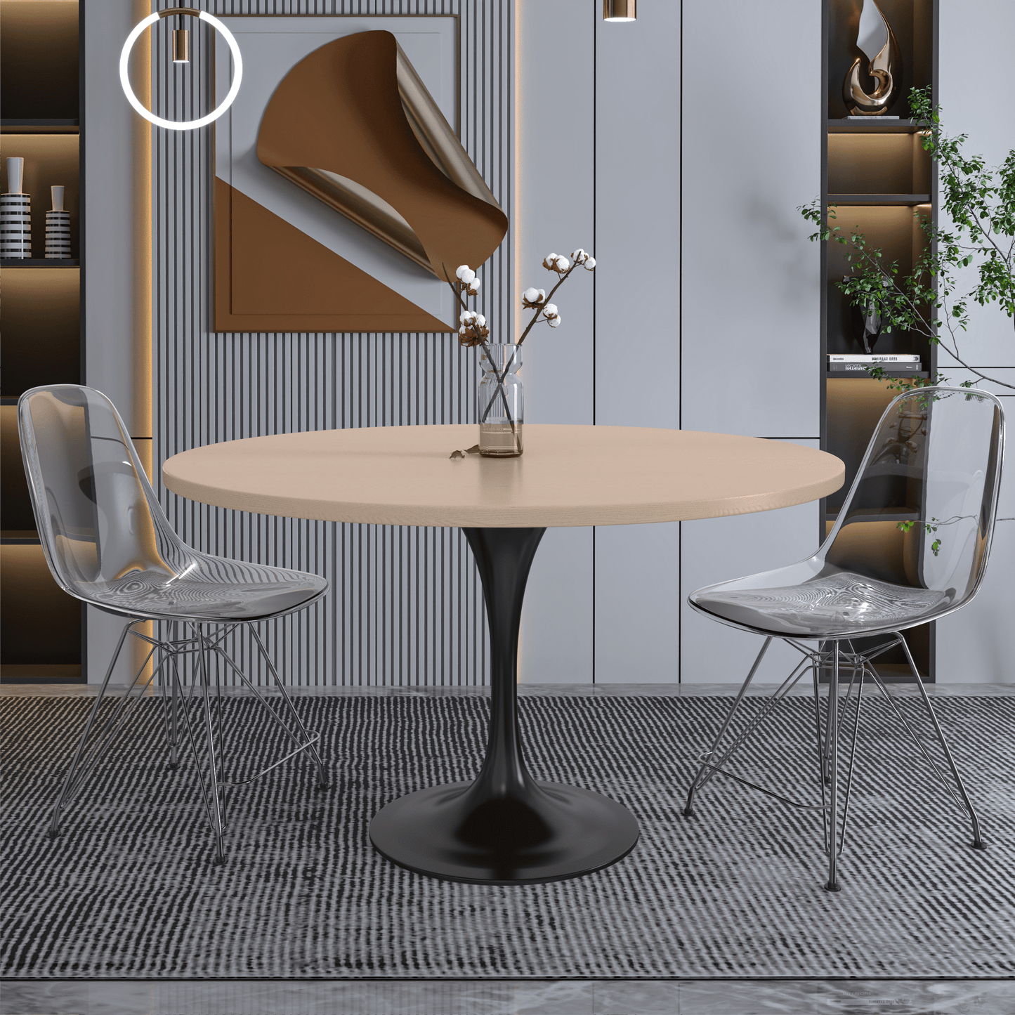 Verve Round Dining Table with MDF/Sintered Stone/Resin Tabletop in Black Stainless Steel Pedestal Base
