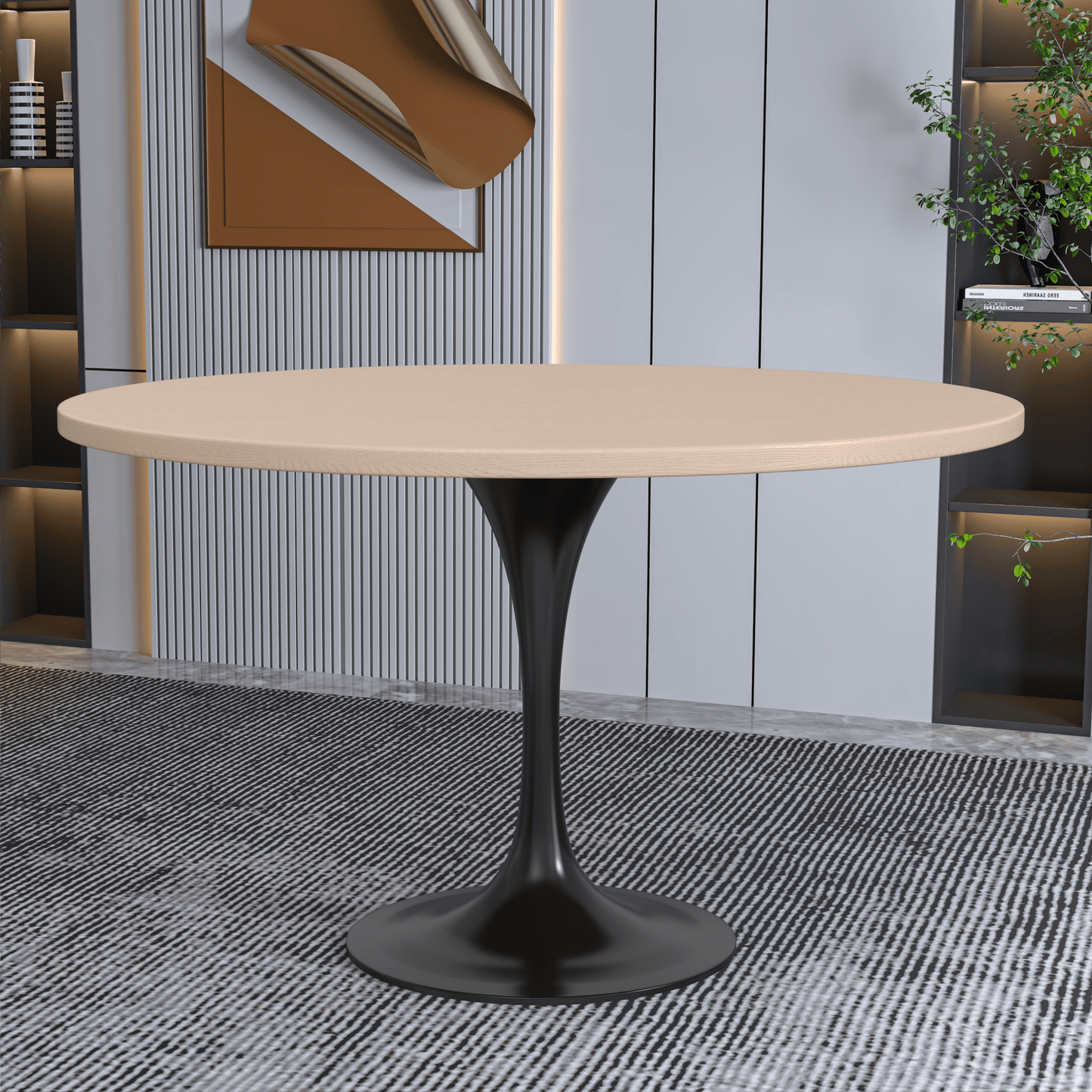 Verve Round Dining Table with MDF/Sintered Stone/Resin Tabletop in Black Stainless Steel Pedestal Base