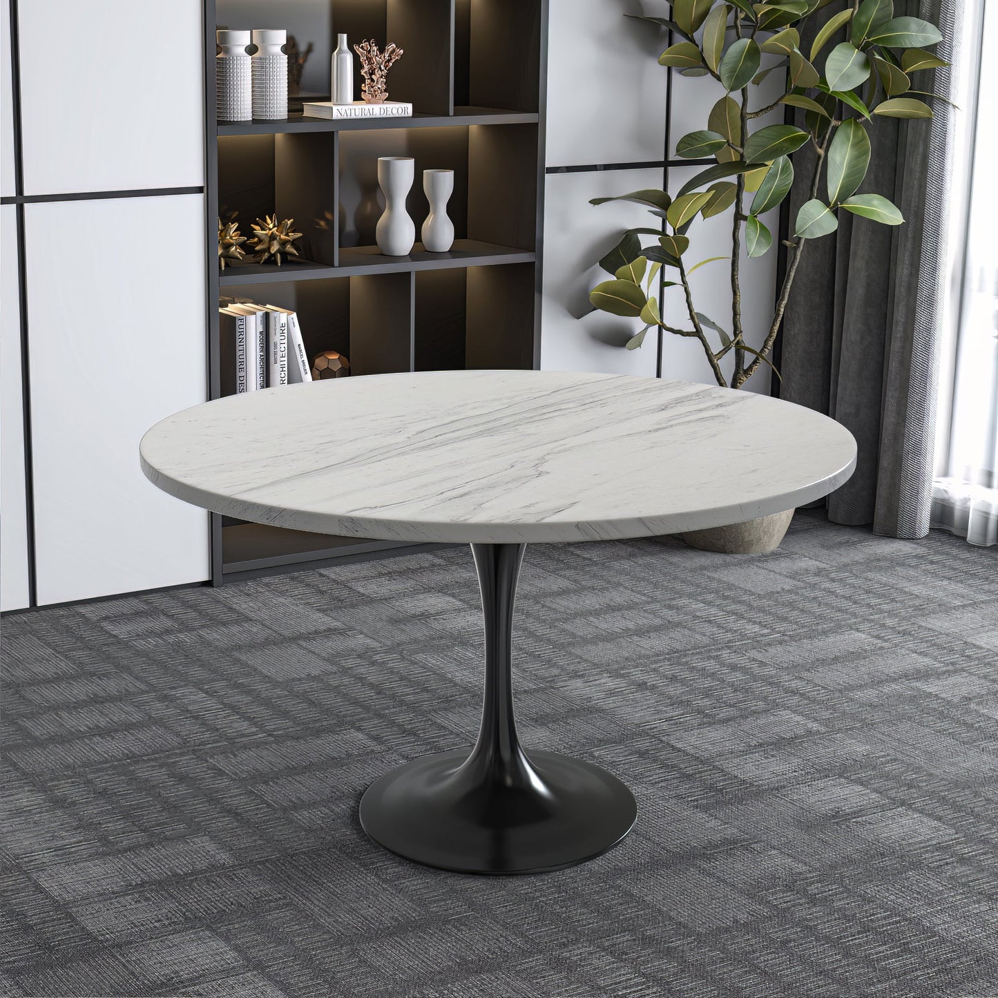 Verve Round Dining Table with MDF/Sintered Stone/Resin Tabletop in Black Stainless Steel Pedestal Base