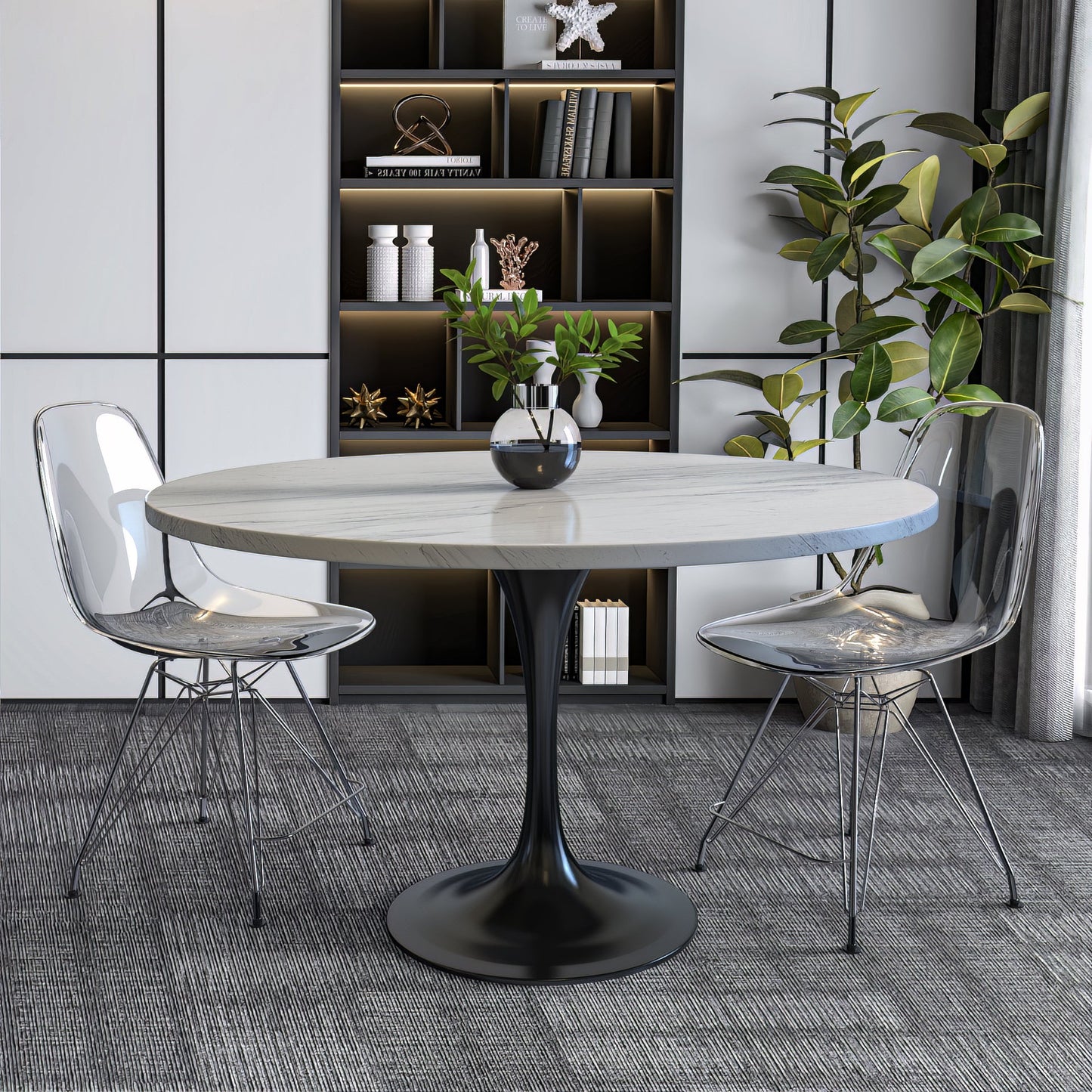 Verve Round Dining Table with MDF/Sintered Stone/Resin Tabletop in Black Stainless Steel Pedestal Base