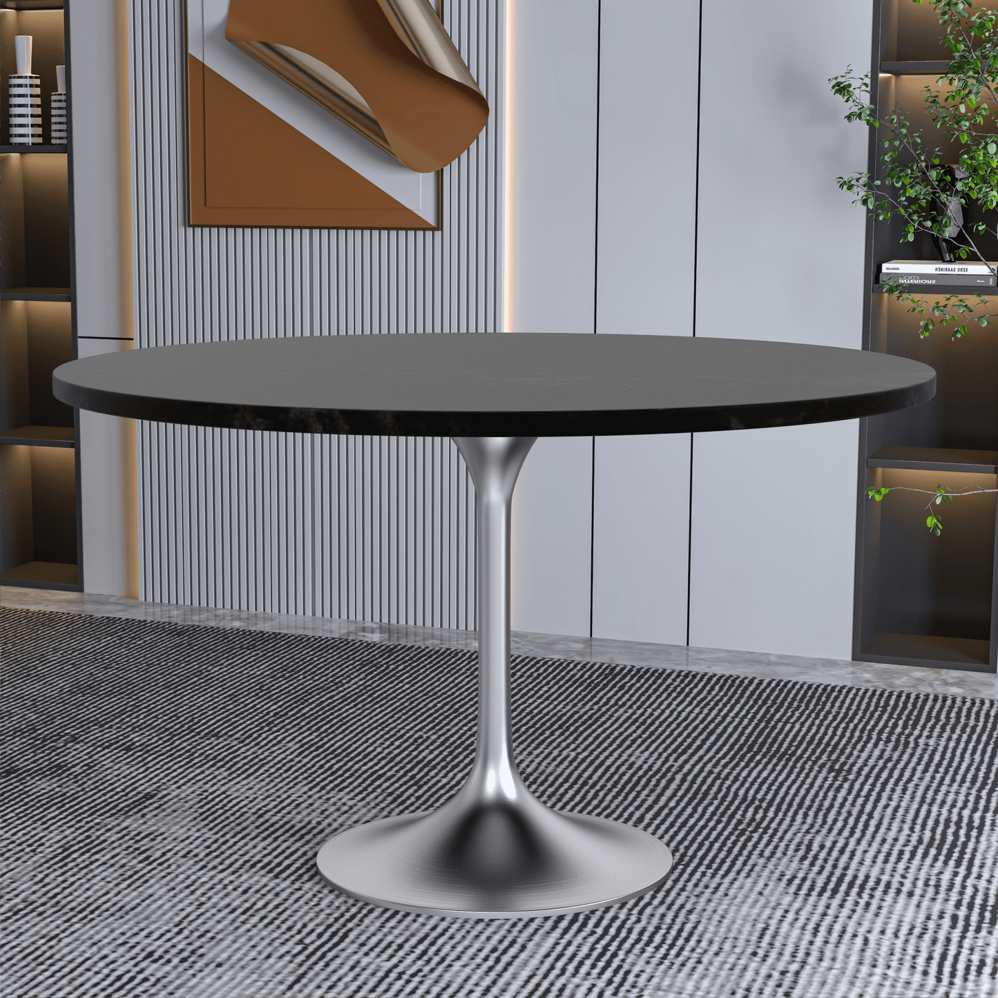 Verve Round Dining Table with MDF/Sintered Stone/Resin Tabletop in Silver Stainless Steel Pedestal Base