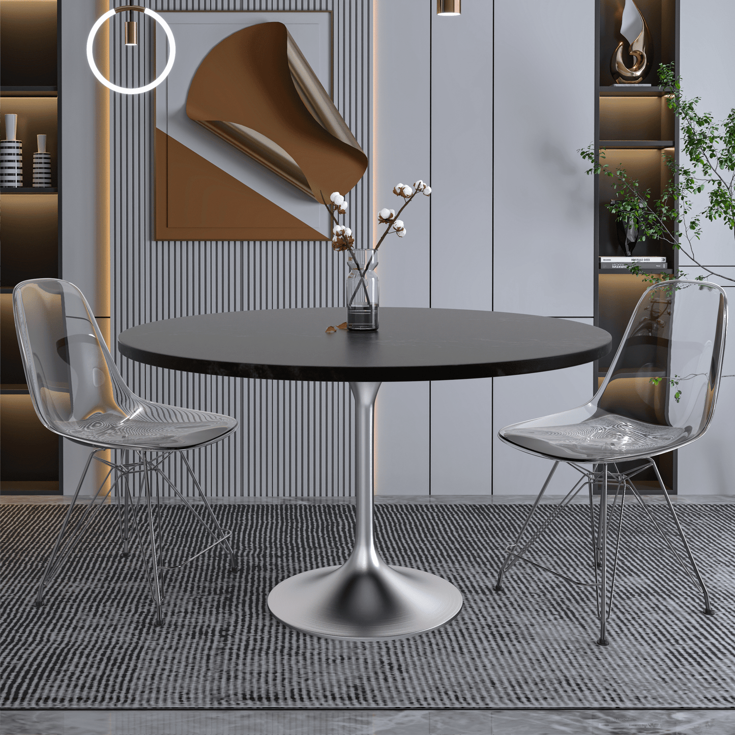 Verve Round Dining Table with MDF/Sintered Stone/Resin Tabletop in Silver Stainless Steel Pedestal Base
