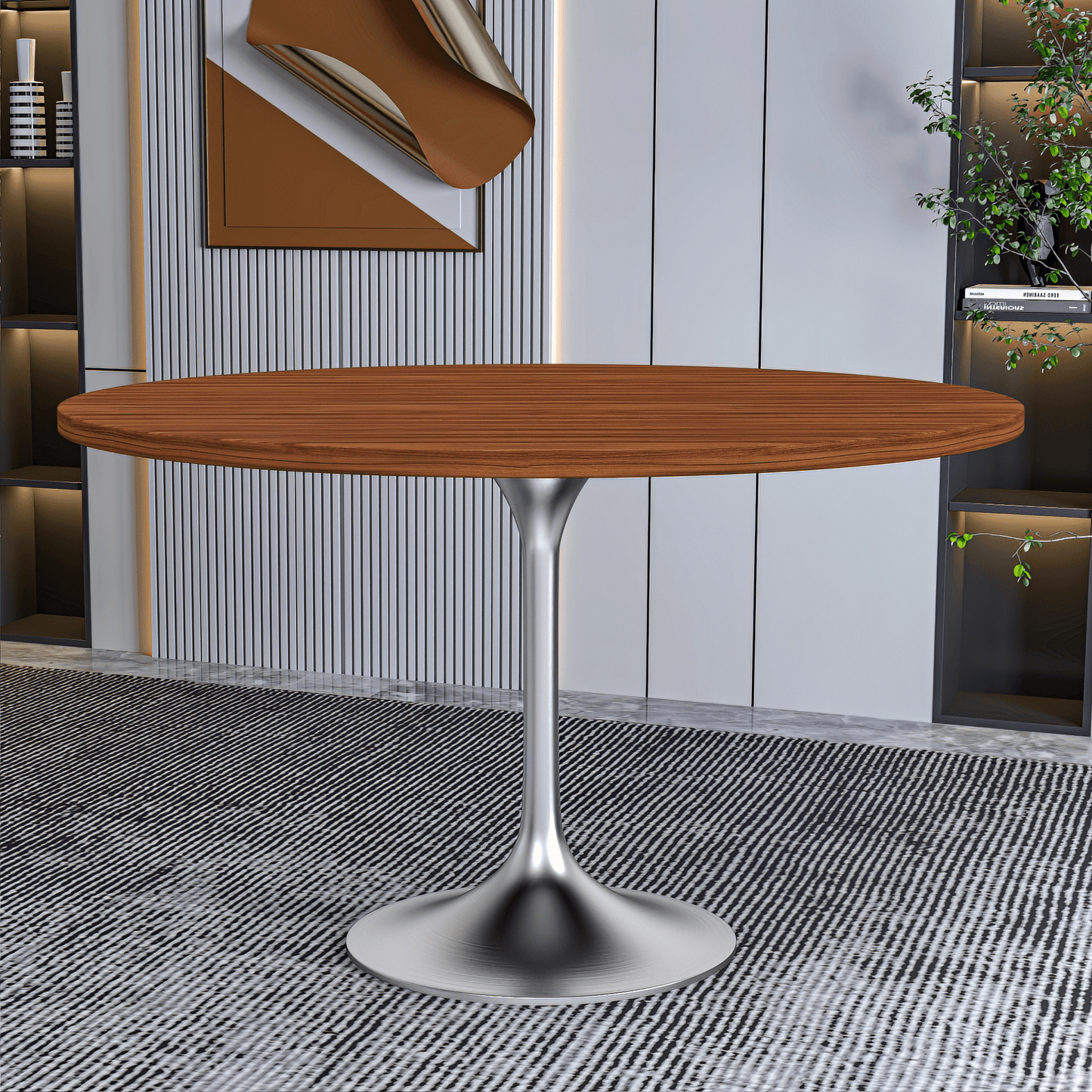 Verve Round Dining Table with MDF/Sintered Stone/Resin Tabletop in Silver Stainless Steel Pedestal Base