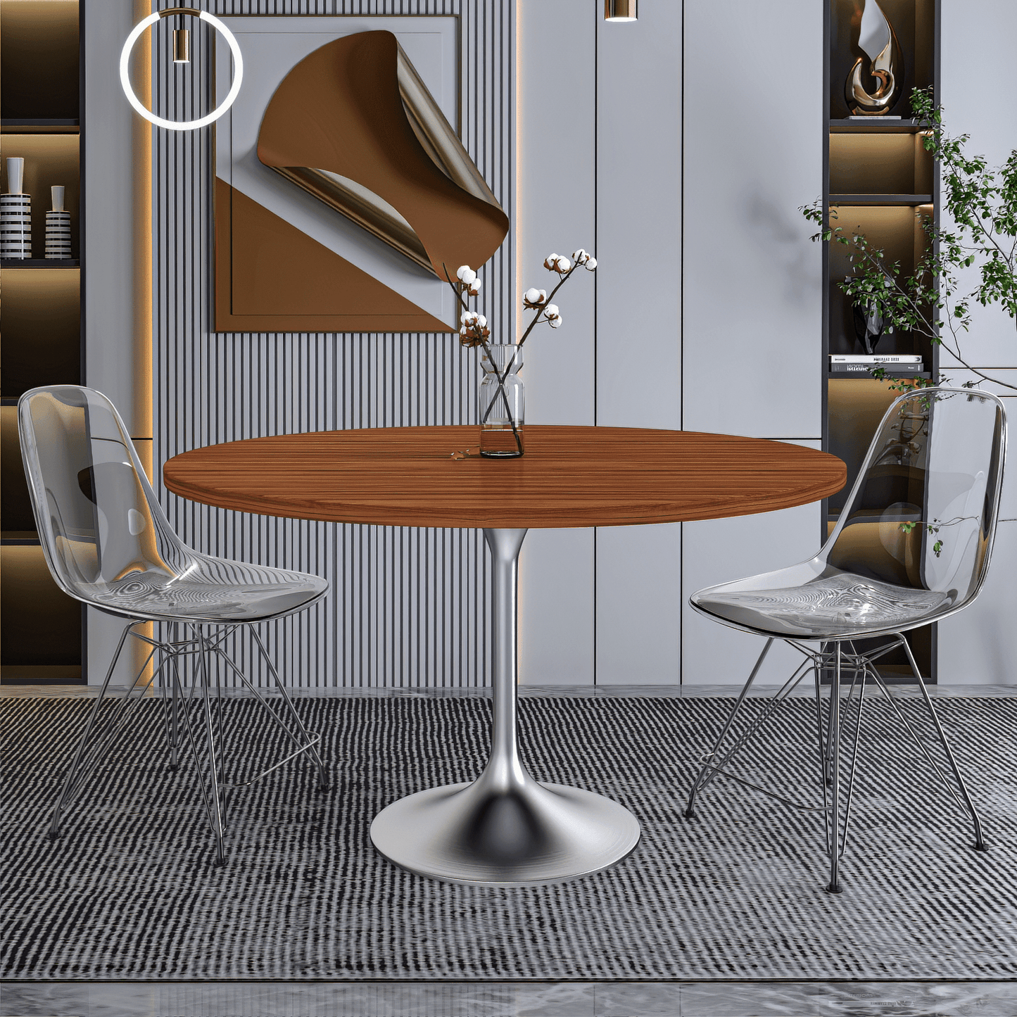 Verve Round Dining Table with MDF/Sintered Stone/Resin Tabletop in Silver Stainless Steel Pedestal Base