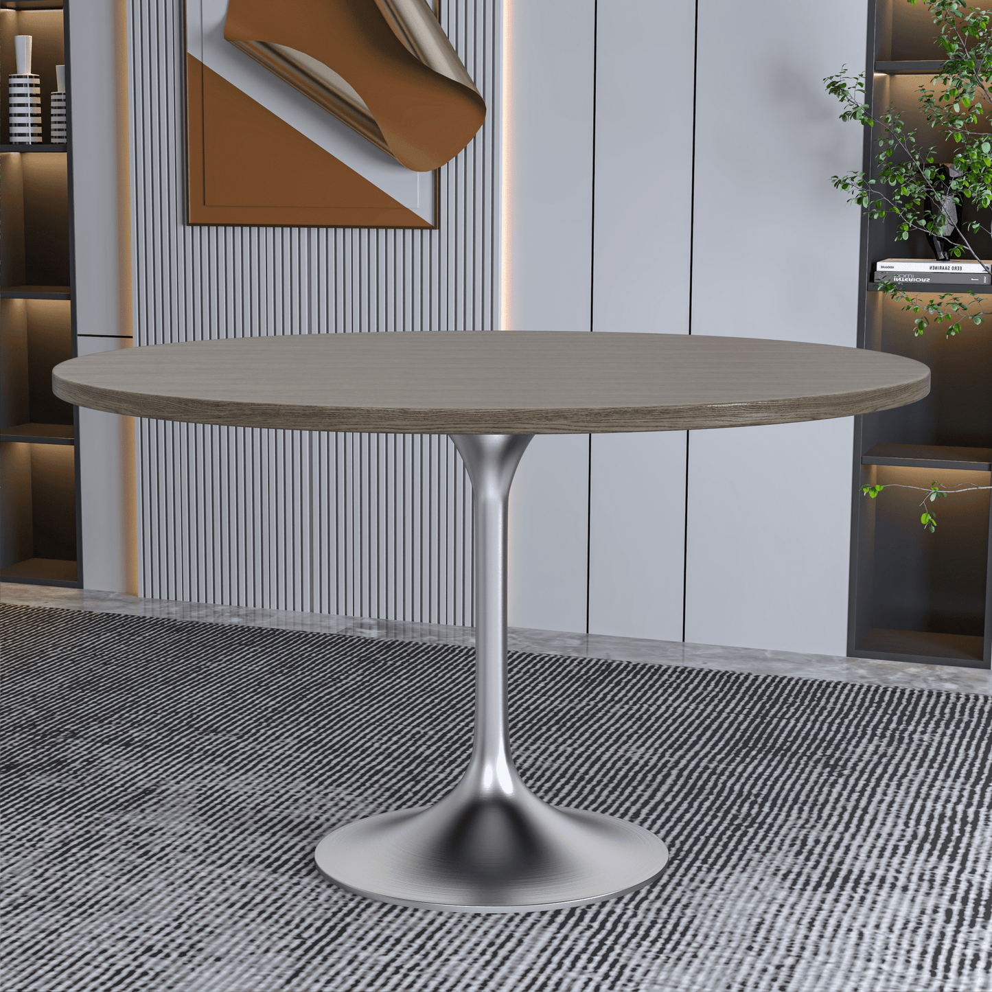 Verve Round Dining Table with MDF/Sintered Stone/Resin Tabletop in Silver Stainless Steel Pedestal Base