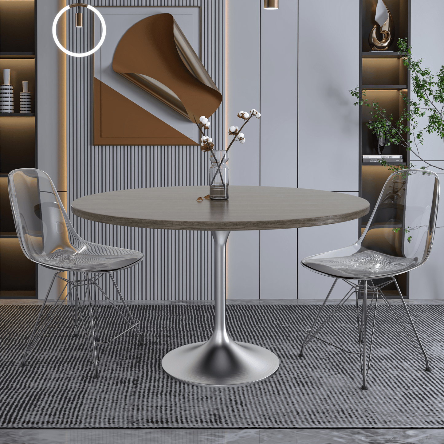 Verve Round Dining Table with MDF/Sintered Stone/Resin Tabletop in Silver Stainless Steel Pedestal Base