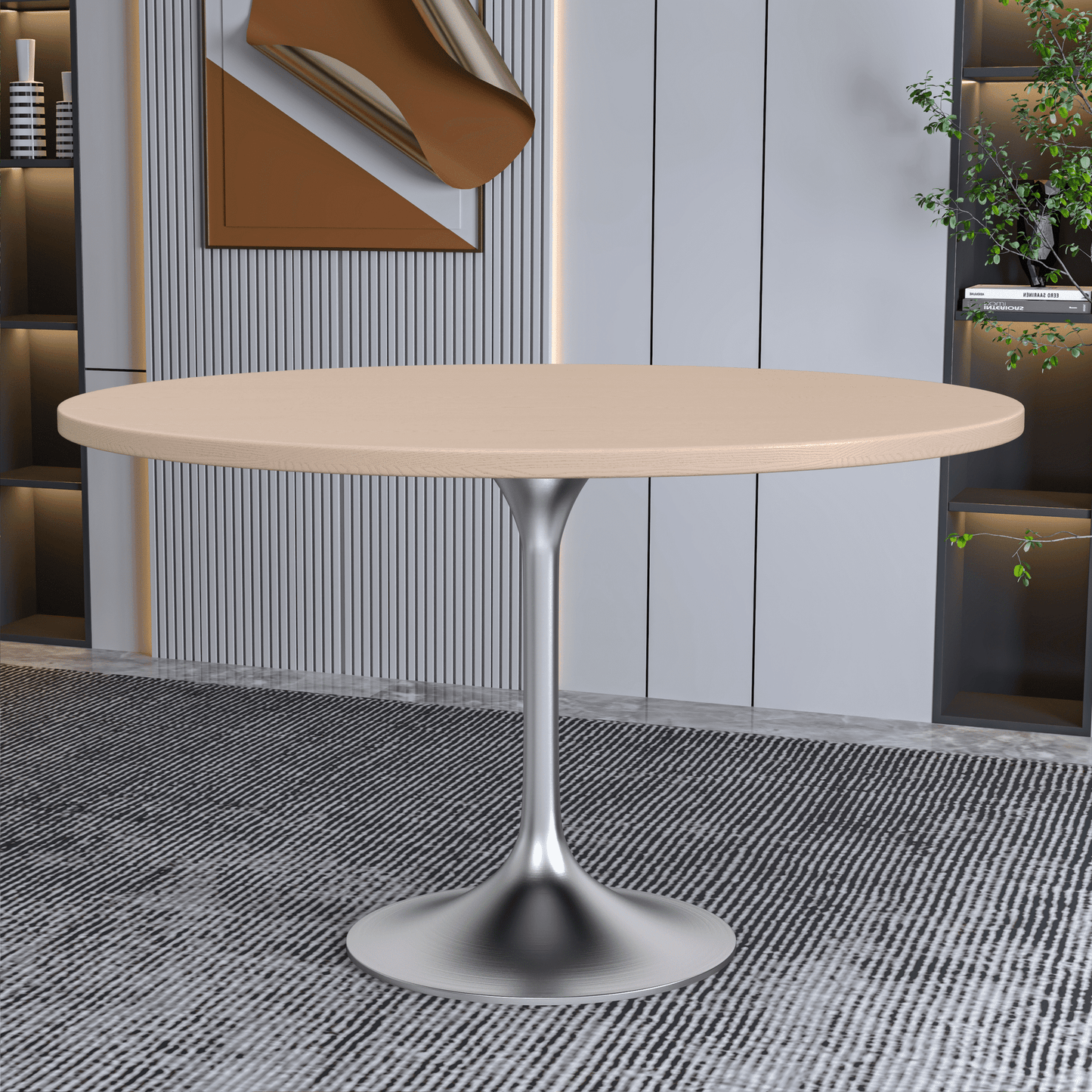 Verve Round Dining Table with MDF/Sintered Stone/Resin Tabletop in Silver Stainless Steel Pedestal Base