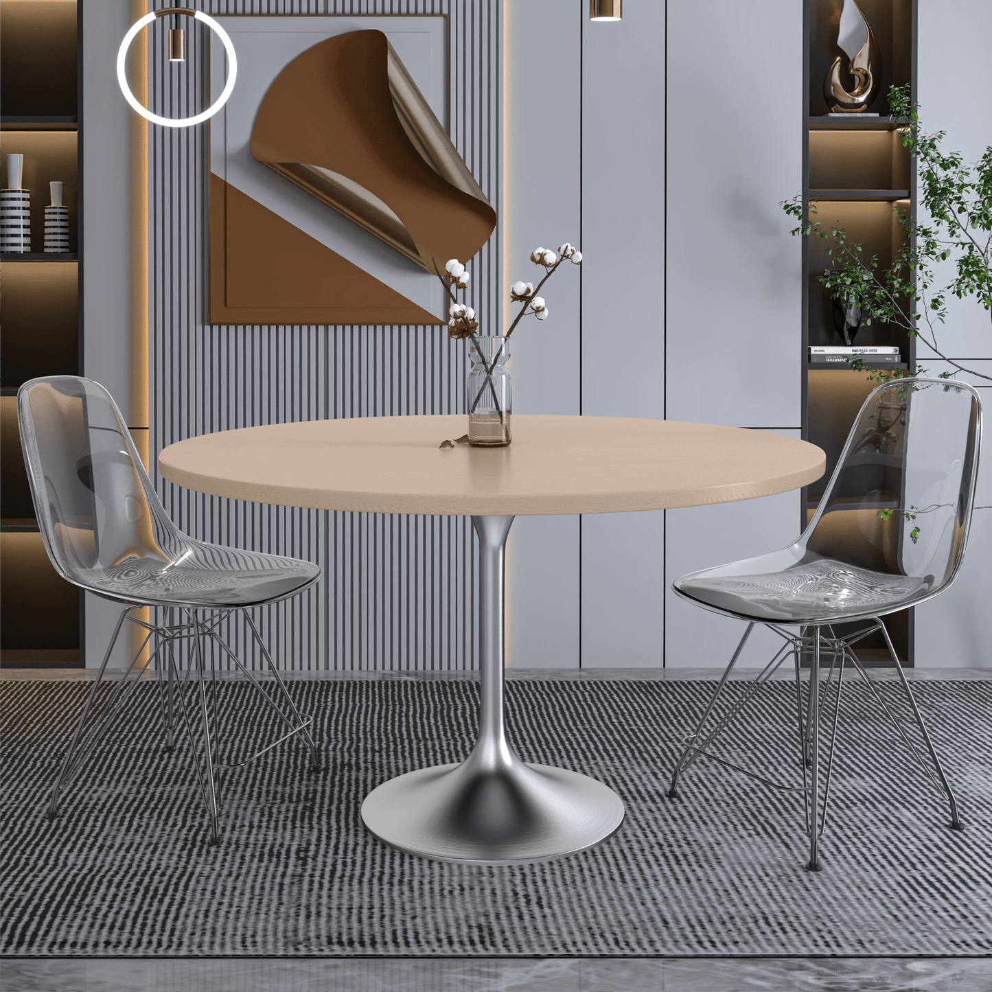 Verve Round Dining Table with MDF/Sintered Stone/Resin Tabletop in Silver Stainless Steel Pedestal Base