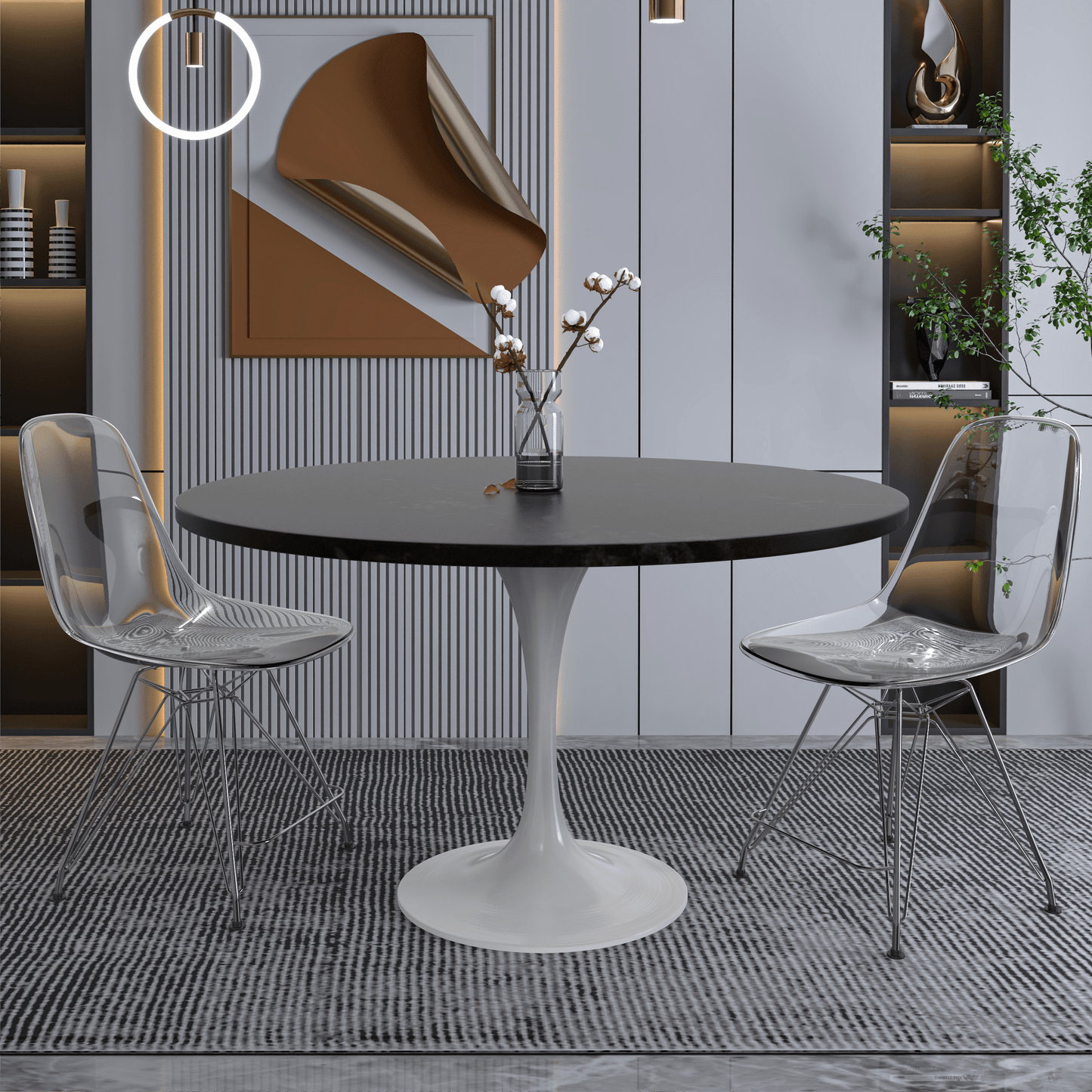 Verve Round Dining Table with MDF/Sintered Stone/Resin Tabletop in White Stainless Steel Pedestal Base