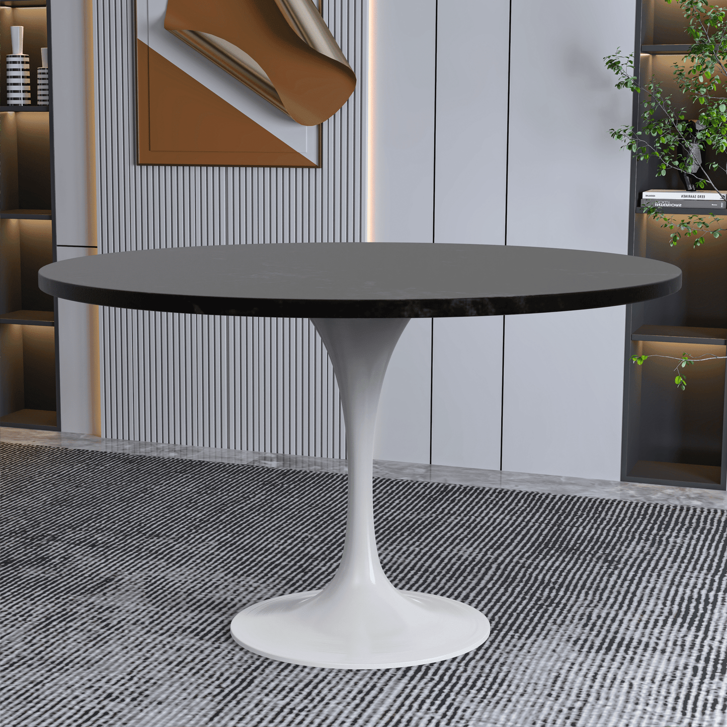 Verve Round Dining Table with MDF/Sintered Stone/Resin Tabletop in White Stainless Steel Pedestal Base