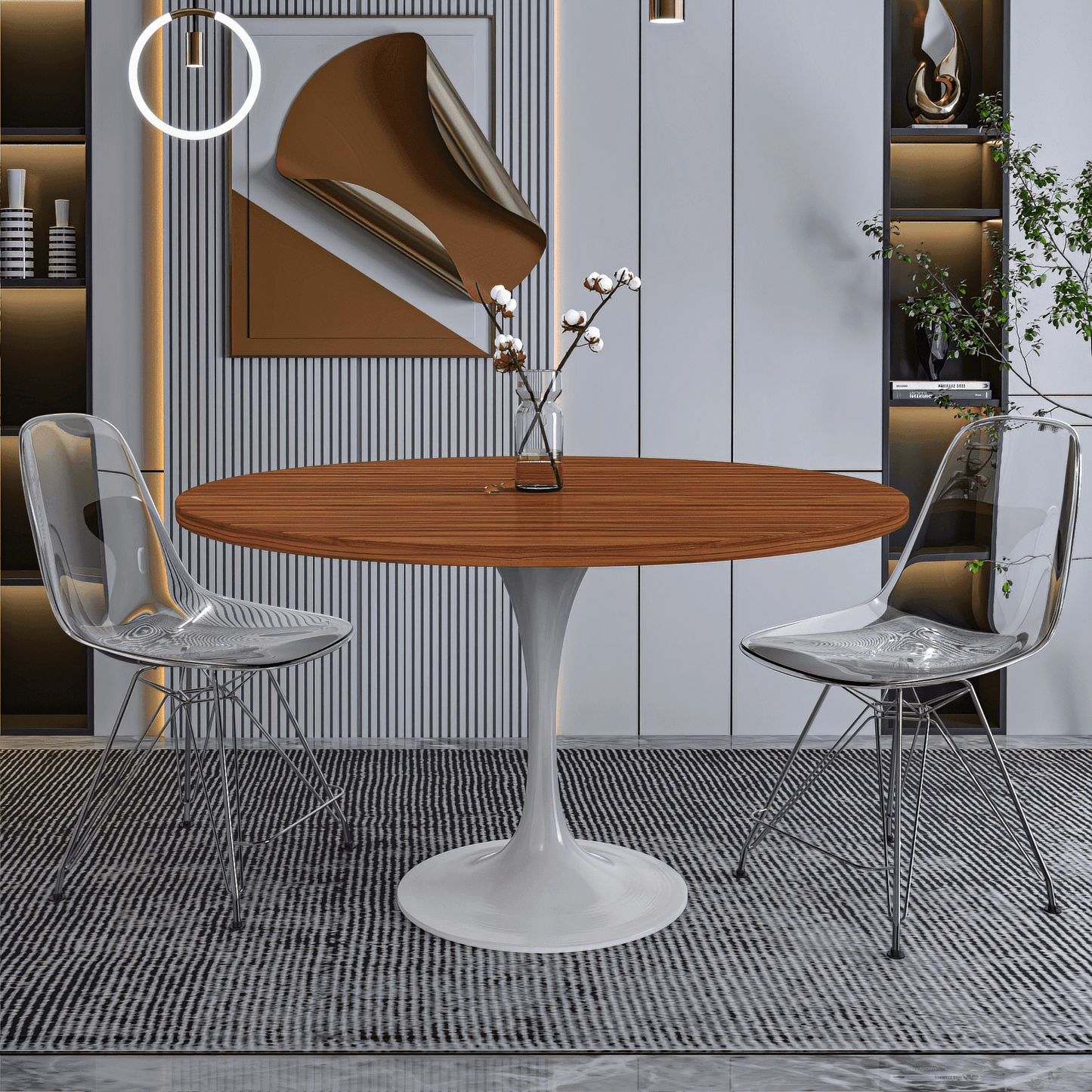 Verve Round Dining Table with MDF/Sintered Stone/Resin Tabletop in White Stainless Steel Pedestal Base