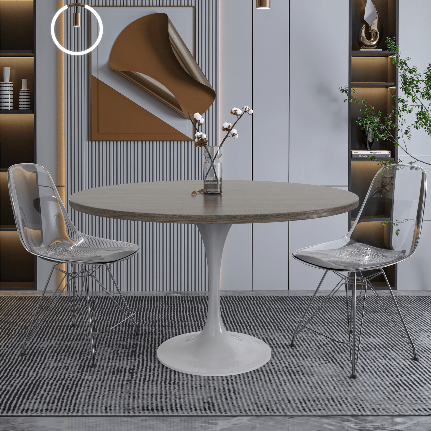 Verve Round Dining Table with MDF/Sintered Stone/Resin Tabletop in White Stainless Steel Pedestal Base