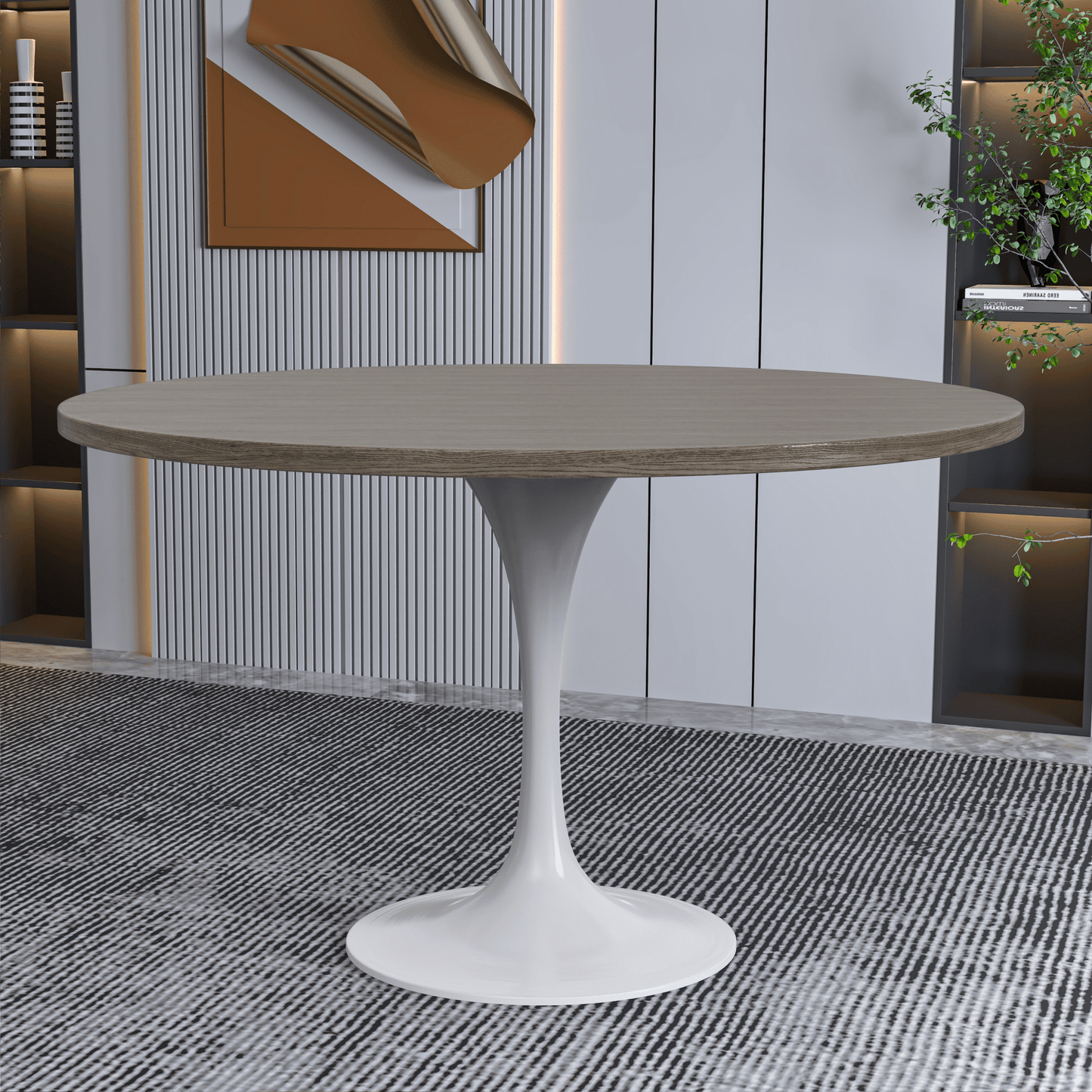 Verve Round Dining Table with MDF/Sintered Stone/Resin Tabletop in White Stainless Steel Pedestal Base