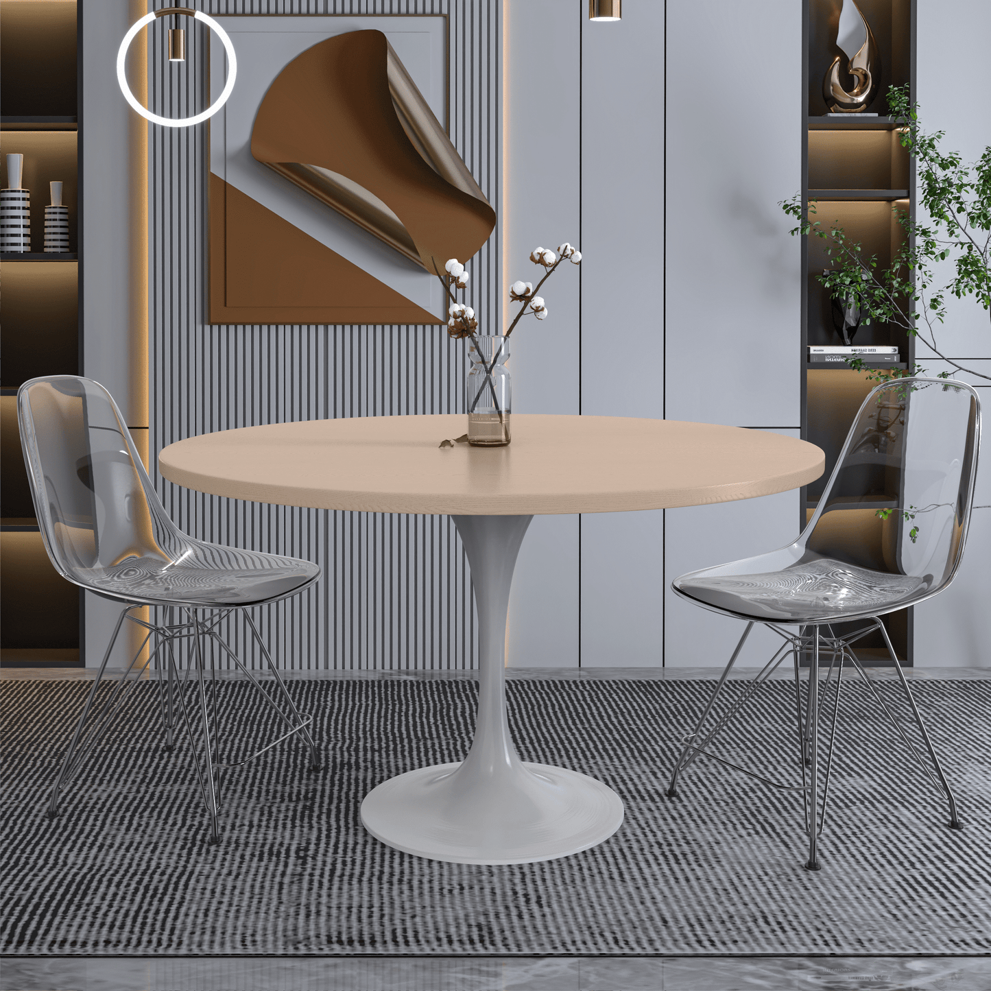 Verve Round Dining Table with MDF/Sintered Stone/Resin Tabletop in White Stainless Steel Pedestal Base