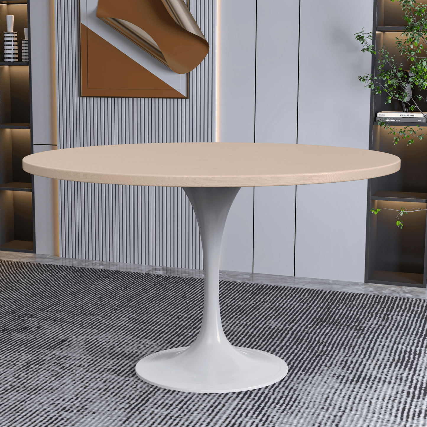 Verve Round Dining Table with MDF/Sintered Stone/Resin Tabletop in White Stainless Steel Pedestal Base