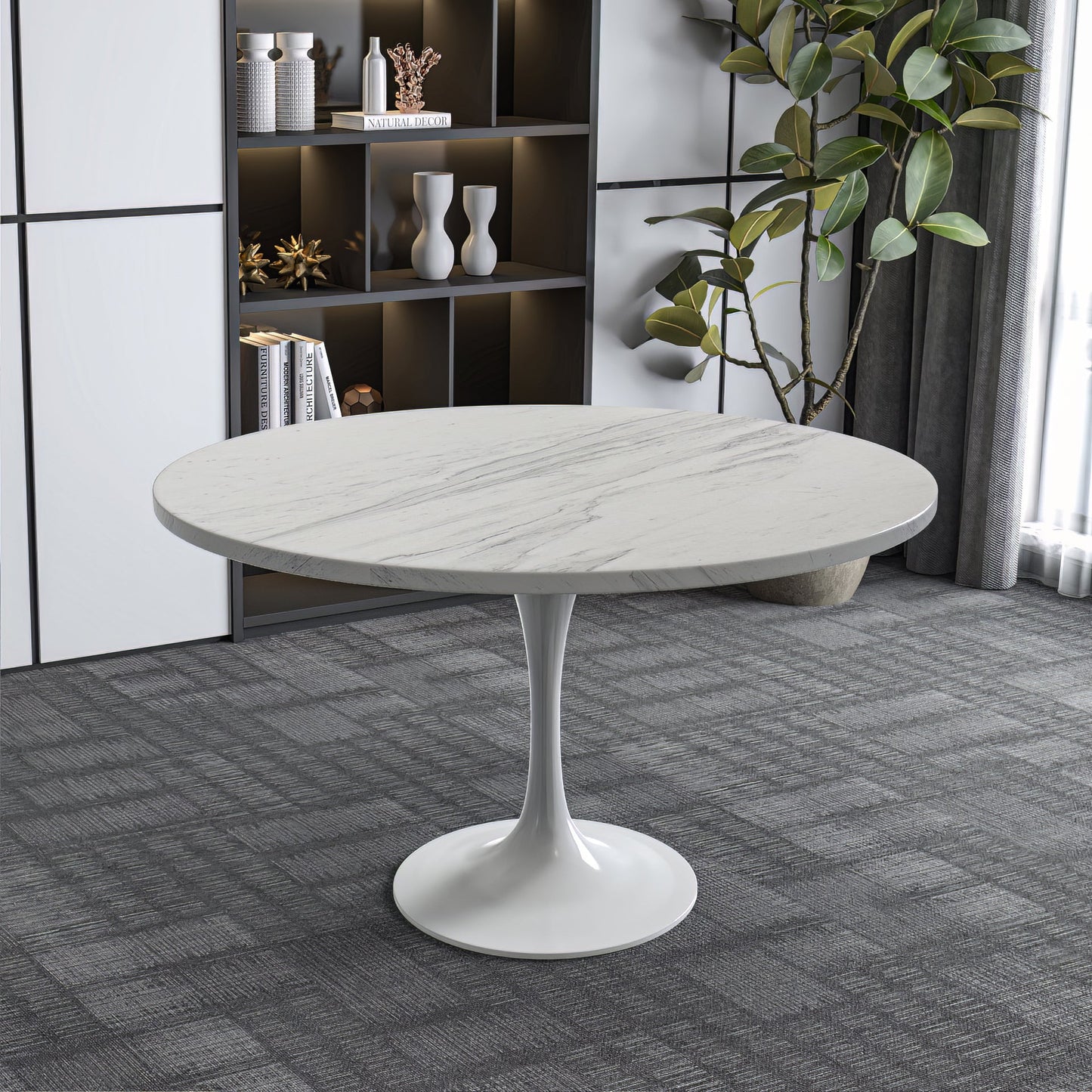 Verve Round Dining Table with MDF/Sintered Stone/Resin Tabletop in White Stainless Steel Pedestal Base