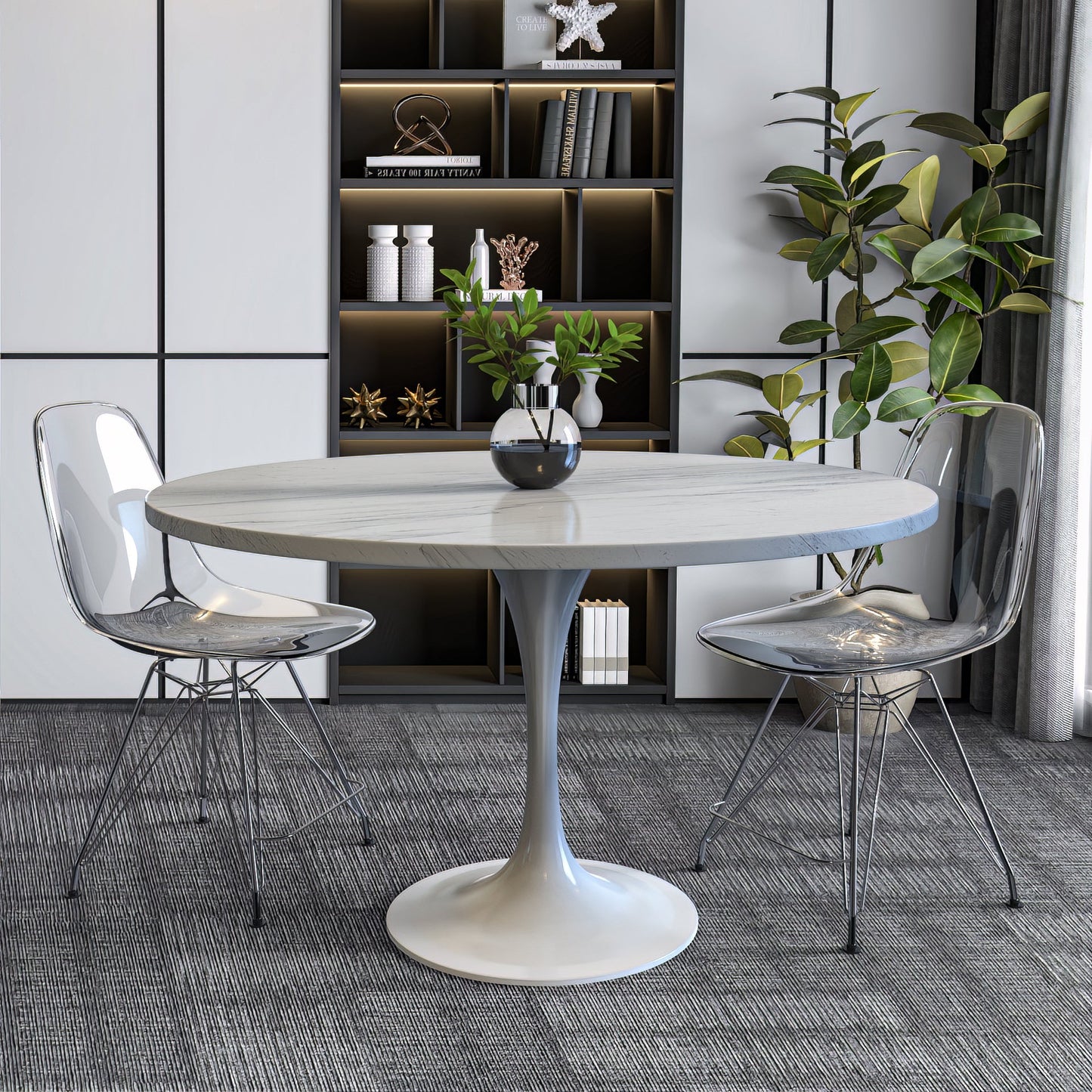 Verve Round Dining Table with MDF/Sintered Stone/Resin Tabletop in White Stainless Steel Pedestal Base