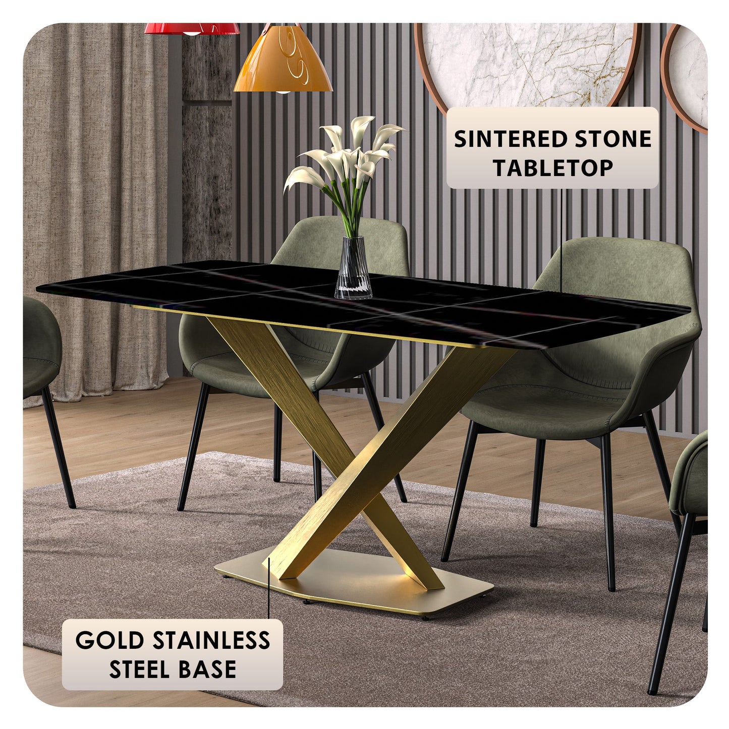 Voren Dining Table with Rectangular Tabletop with Gold/Black Stainless Steel Base