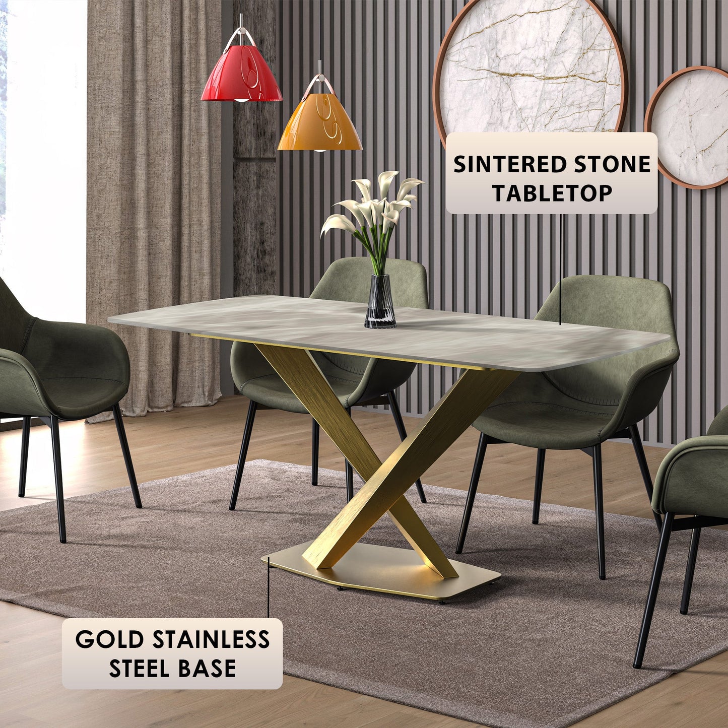 Voren Dining Table with Rectangular Tabletop with Gold/Black Stainless Steel Base