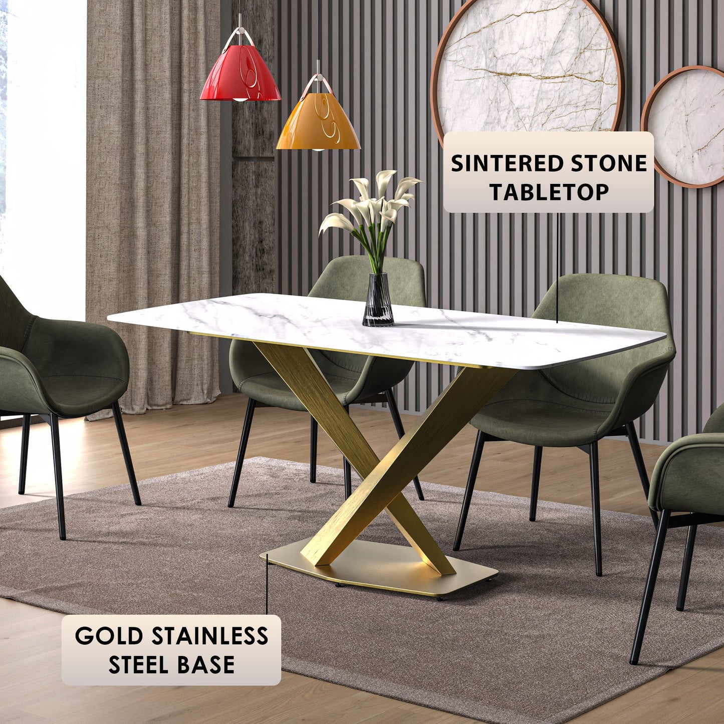 Voren Dining Table with Rectangular Tabletop with Gold/Black Stainless Steel Base