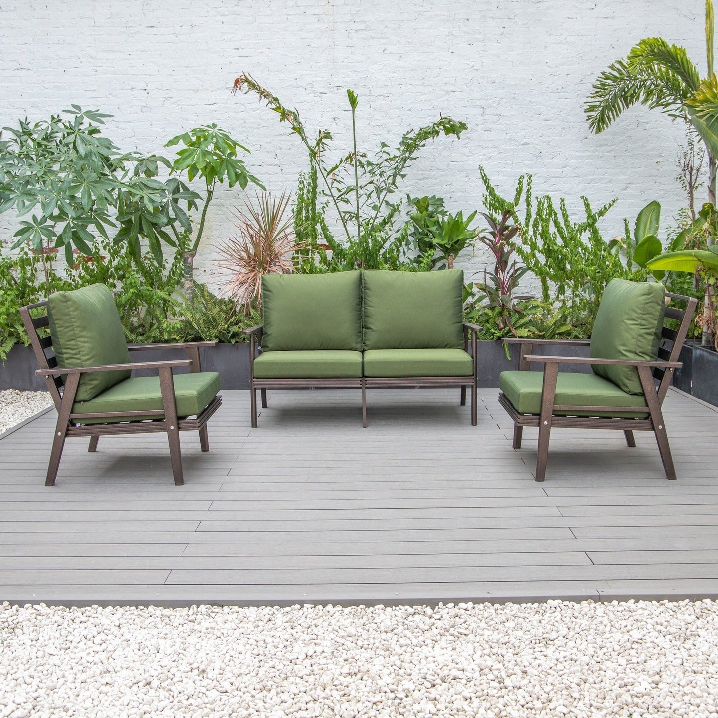 Walbrooke Modern 3-Piece Outdoor Patio Set with Brown Aluminum Frame and Removable Cushions Loveseat and Set of 2 Armchairs