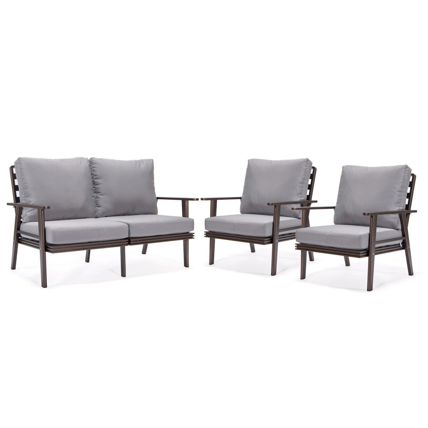 Walbrooke Modern 3-Piece Outdoor Patio Set with Brown Aluminum Frame and Removable Cushions Loveseat and Set of 2 Armchairs