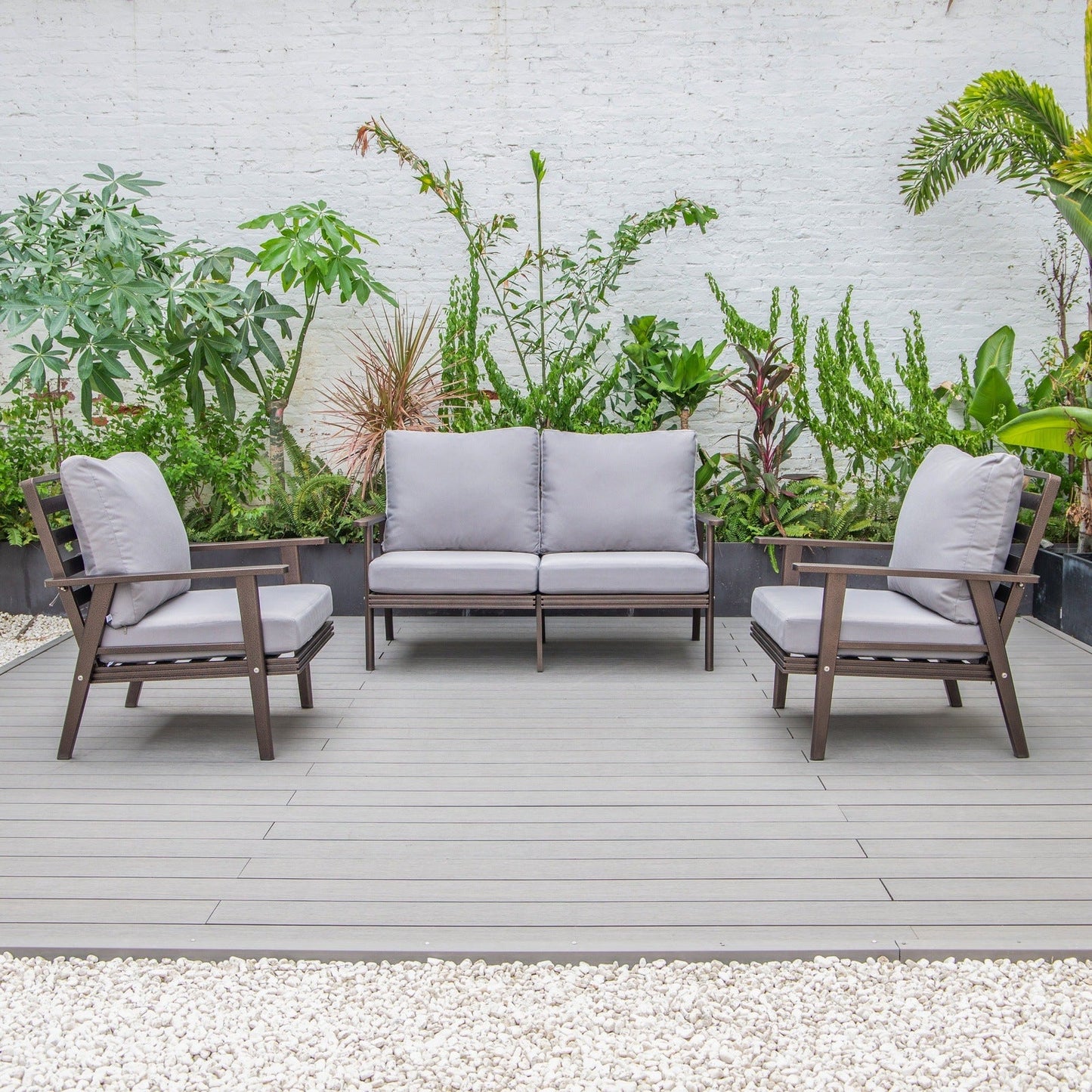 Walbrooke Modern 3-Piece Outdoor Patio Set with Brown Aluminum Frame and Removable Cushions Loveseat and Set of 2 Armchairs