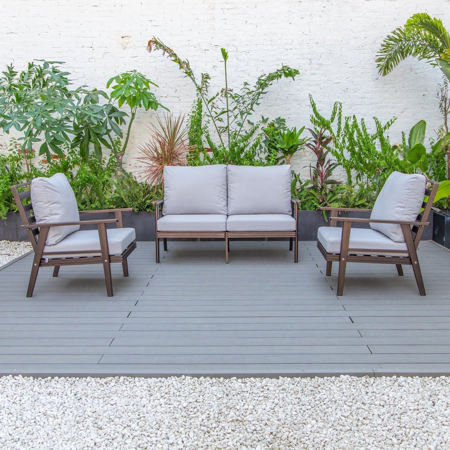 Walbrooke Modern 3-Piece Outdoor Patio Set with Brown Aluminum Frame and Removable Cushions Loveseat and Set of 2 Armchairs