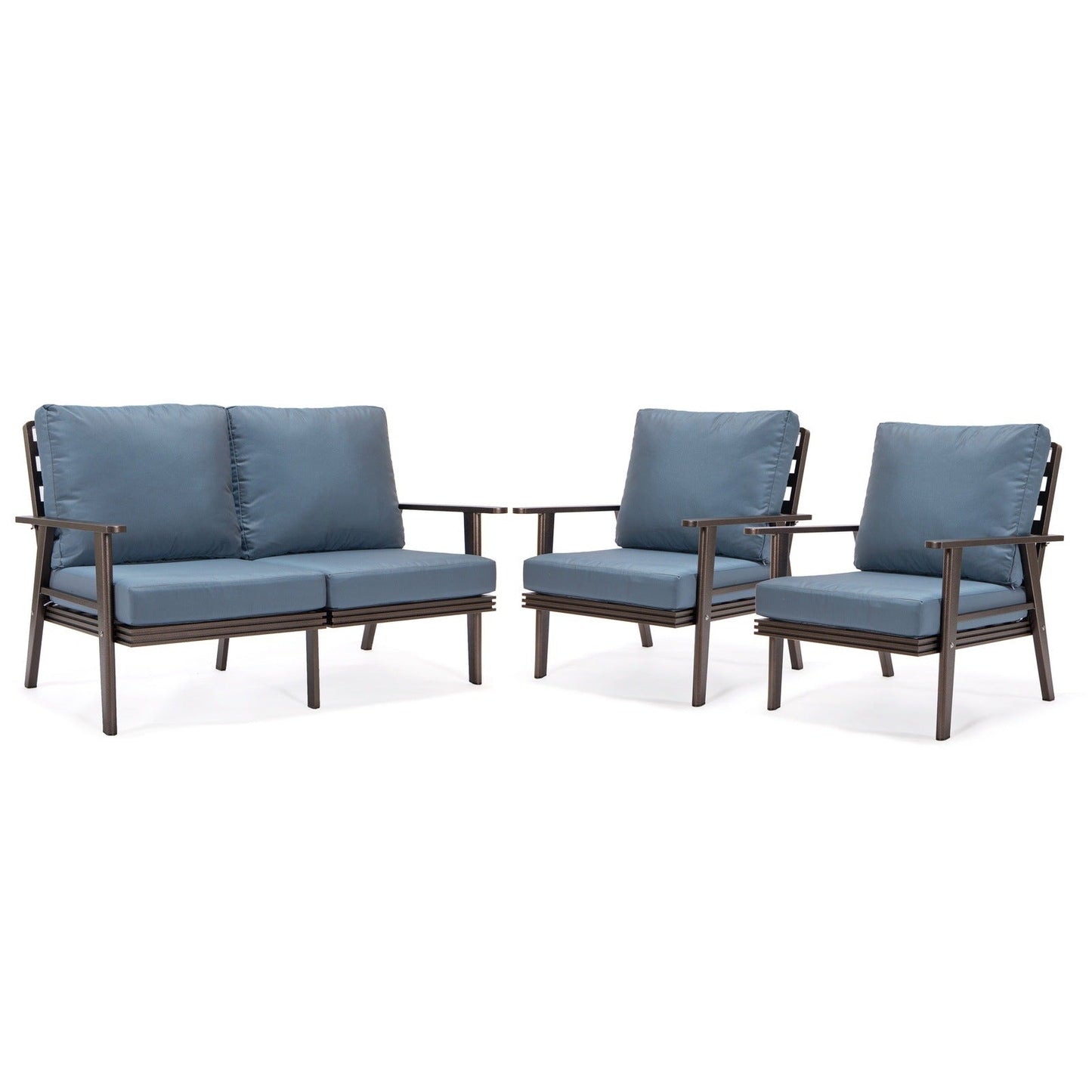 Walbrooke Modern 3-Piece Outdoor Patio Set with Brown Aluminum Frame and Removable Cushions Loveseat and Set of 2 Armchairs