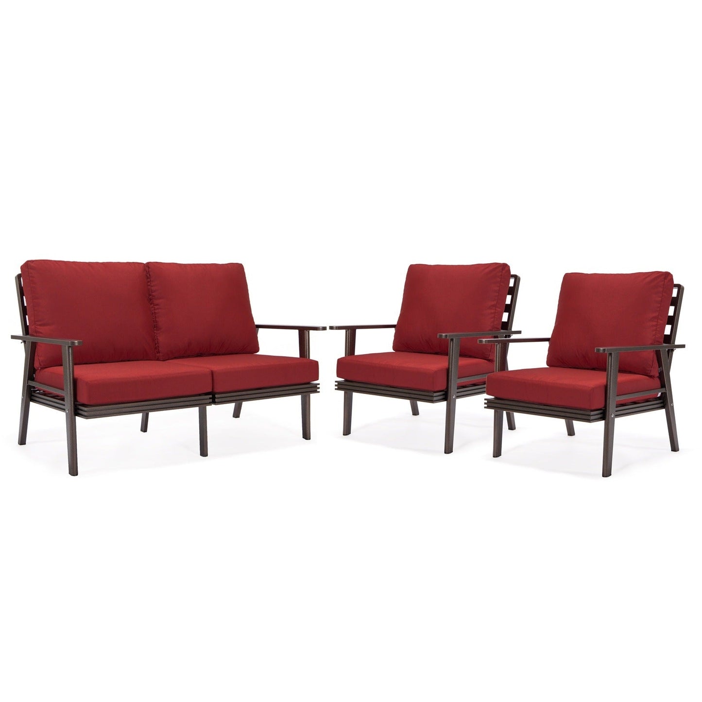 Walbrooke Modern 3-Piece Outdoor Patio Set with Brown Aluminum Frame and Removable Cushions Loveseat and Set of 2 Armchairs