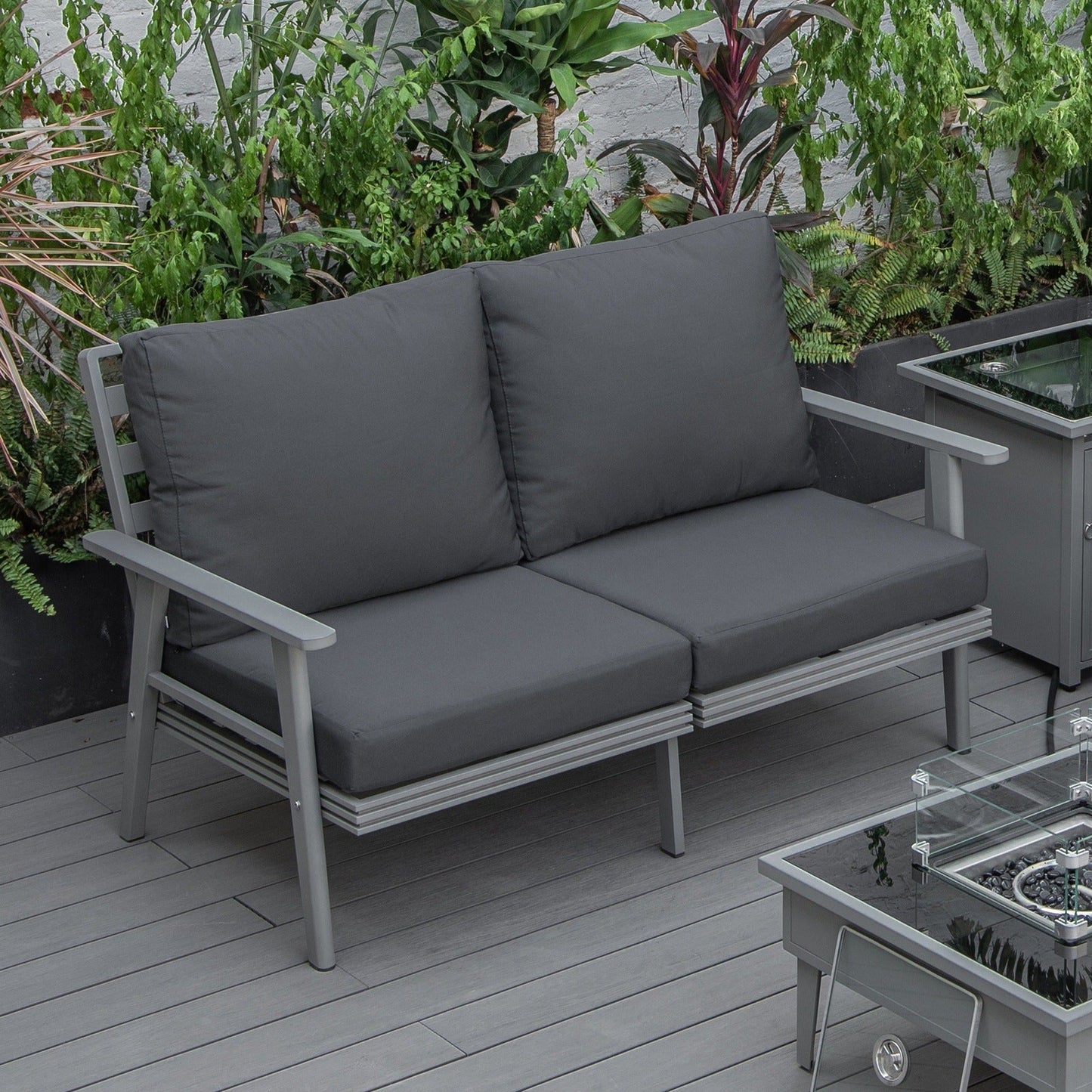 Walbrooke Modern Outdoor Patio Loveseat with Grey Aluminum Frame and Removable Cushions