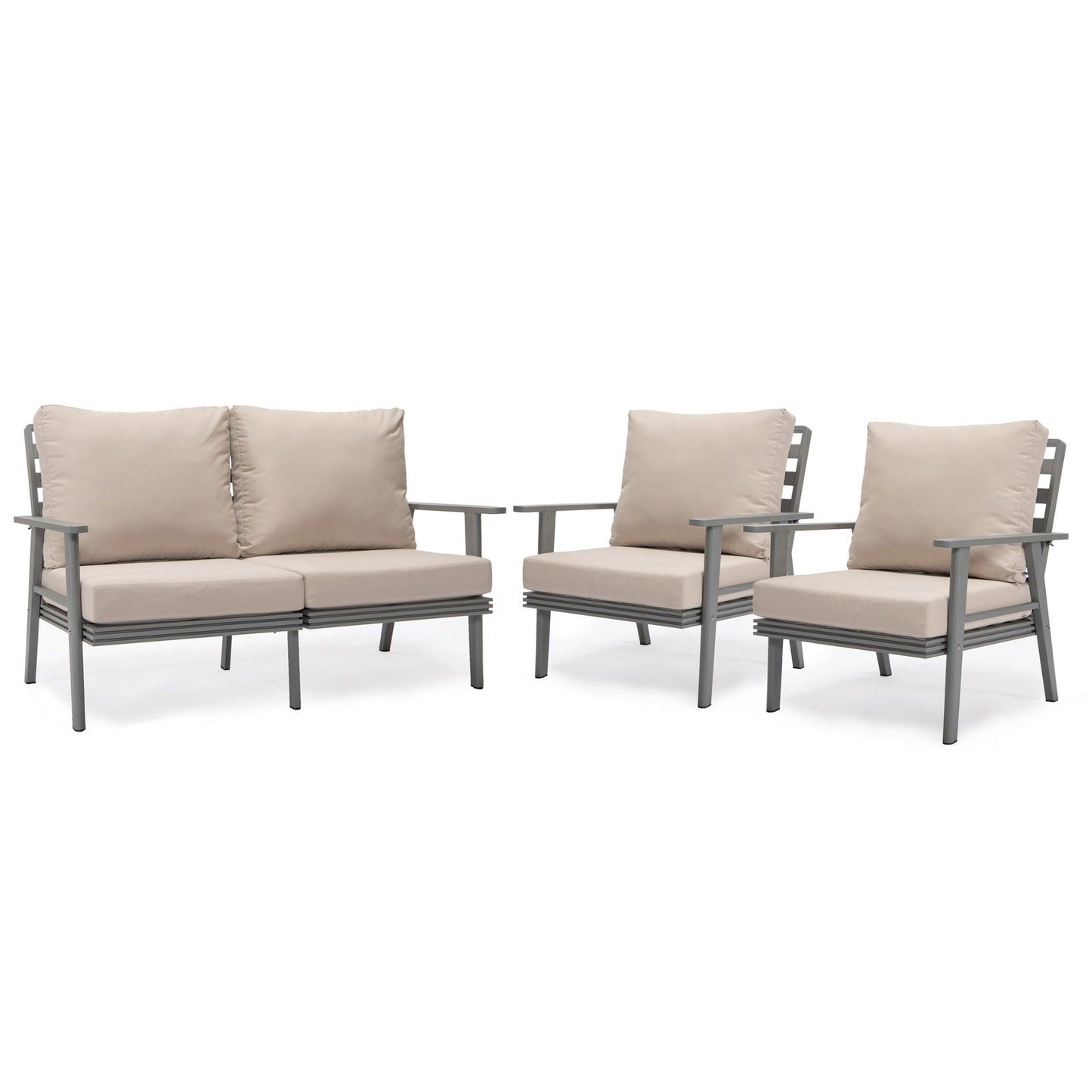 Walbrooke Modern 3-Piece Outdoor Patio Set with Grey Aluminum Frame and Removable Cushions Loveseat and Set of 2 Armchairs