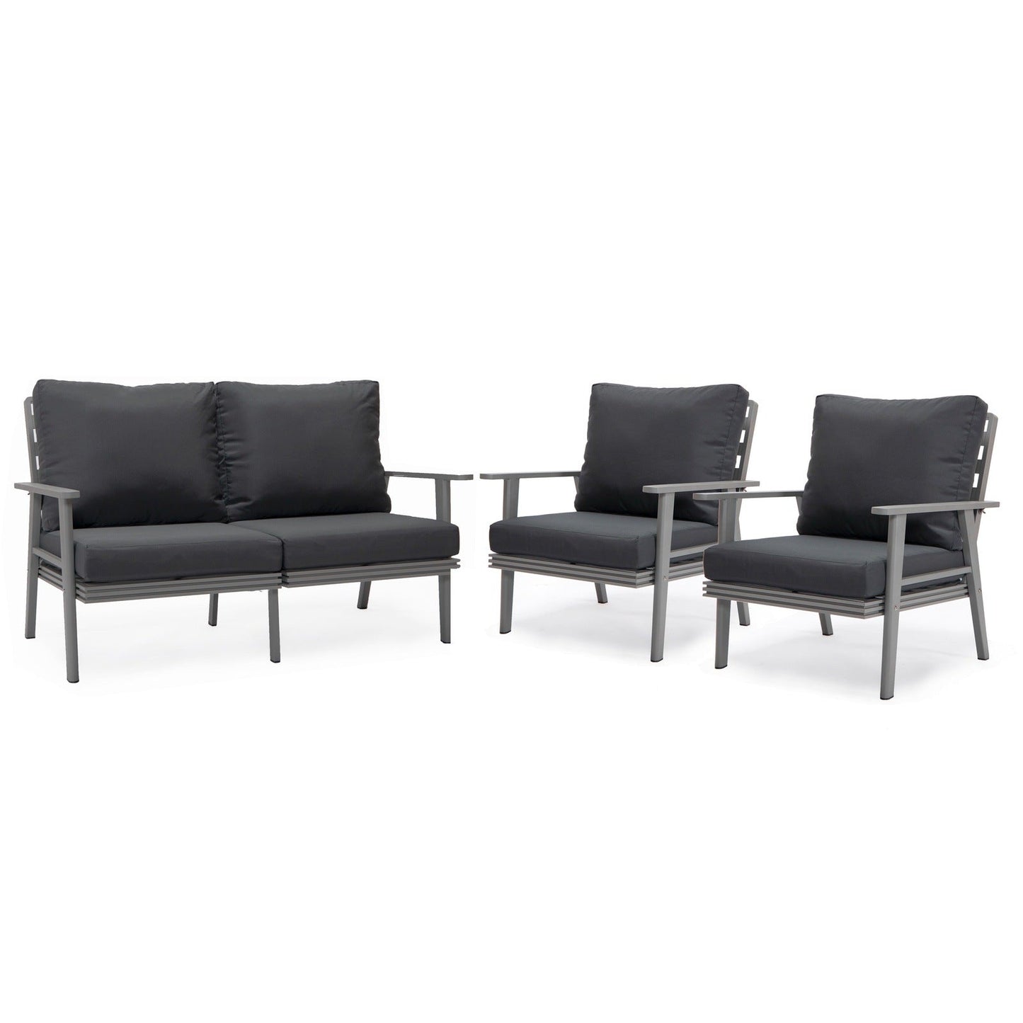Walbrooke Modern 3-Piece Outdoor Patio Set with Grey Aluminum Frame and Removable Cushions Loveseat and Set of 2 Armchairs