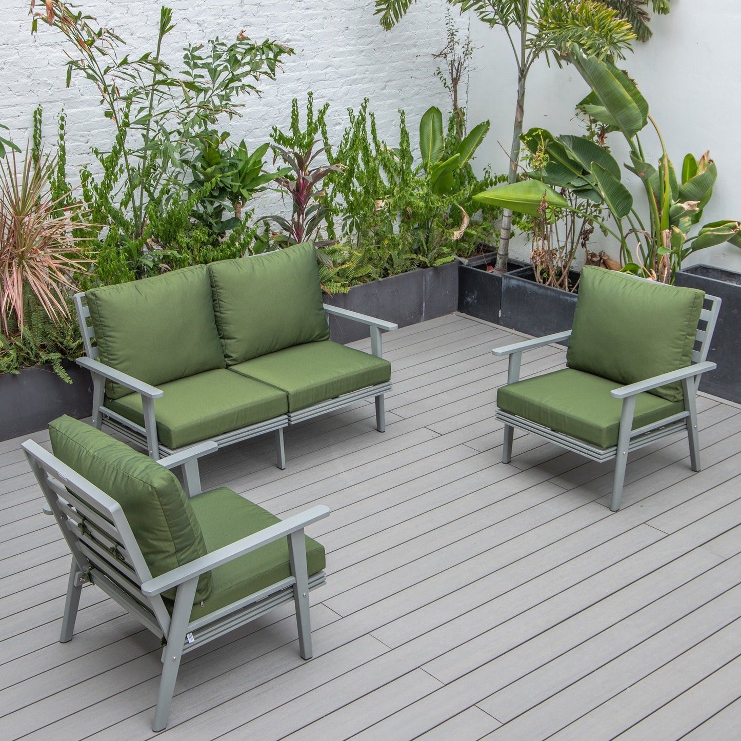 Walbrooke Modern 3-Piece Outdoor Patio Set with Grey Aluminum Frame and Removable Cushions Loveseat and Set of 2 Armchairs